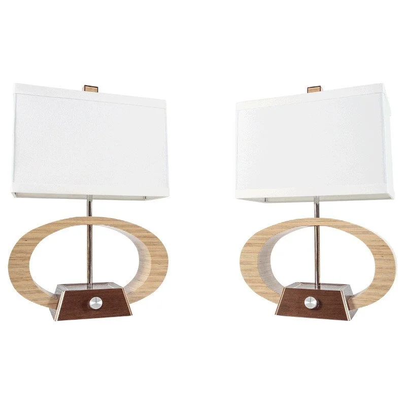 Pair of modern table lamps with white rectangular shades, wooden oval bases, and small brown rectangular bases with a circular power knob in the center.