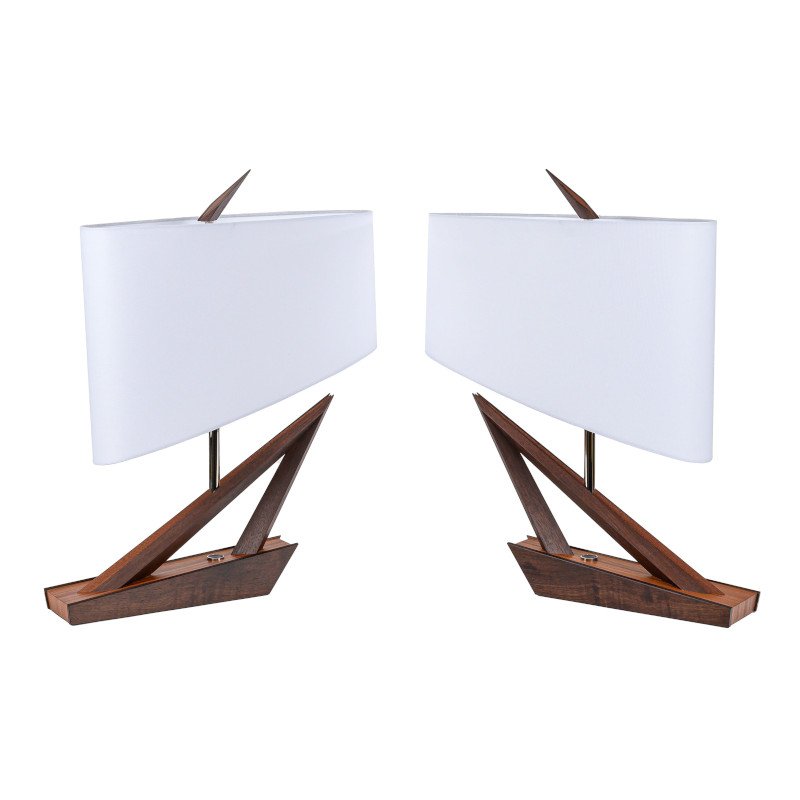 Pair of modern table lamps with wooden bases and white rectangular shades.