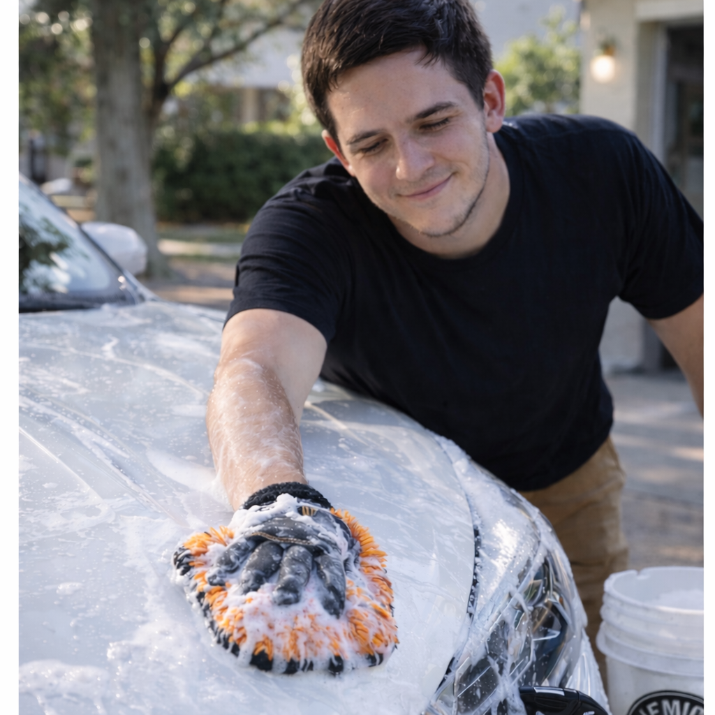 Young man washing a white car with a sponge outdoors, wearing a black t-shirt and beige pants, smiling