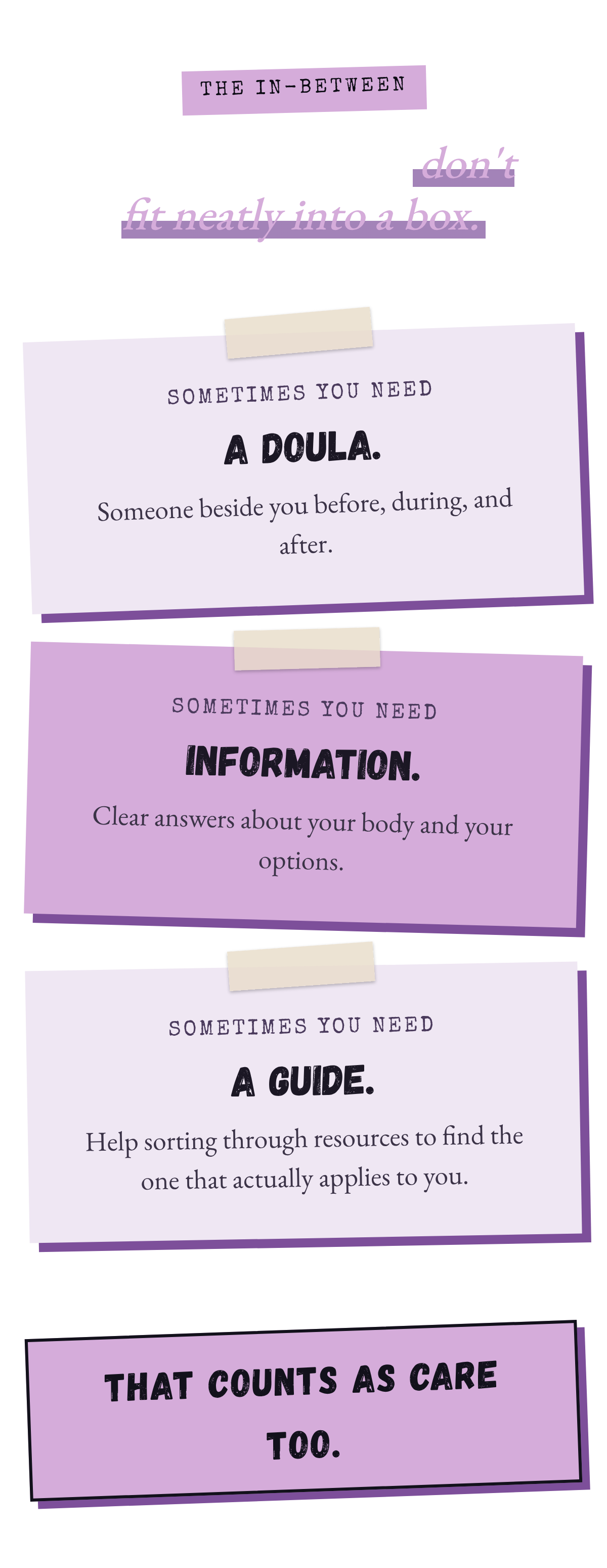 Purple and lavender text graphic about doula support, information, and guidance for people seeking care.