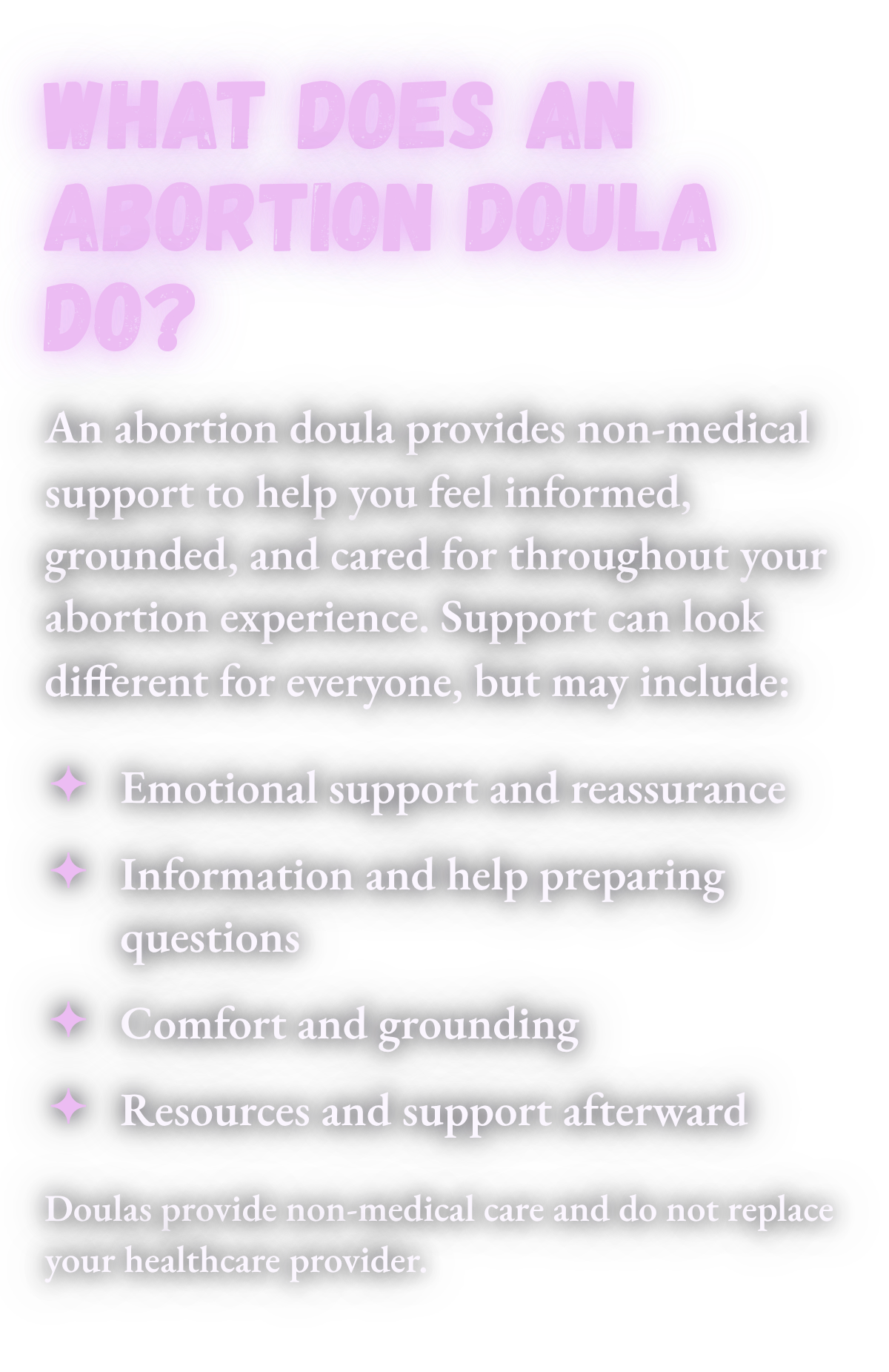Infographic explaining what an abortion doula does, including non-medical emotional support, information, comfort, grounding, resources, and aftercare.