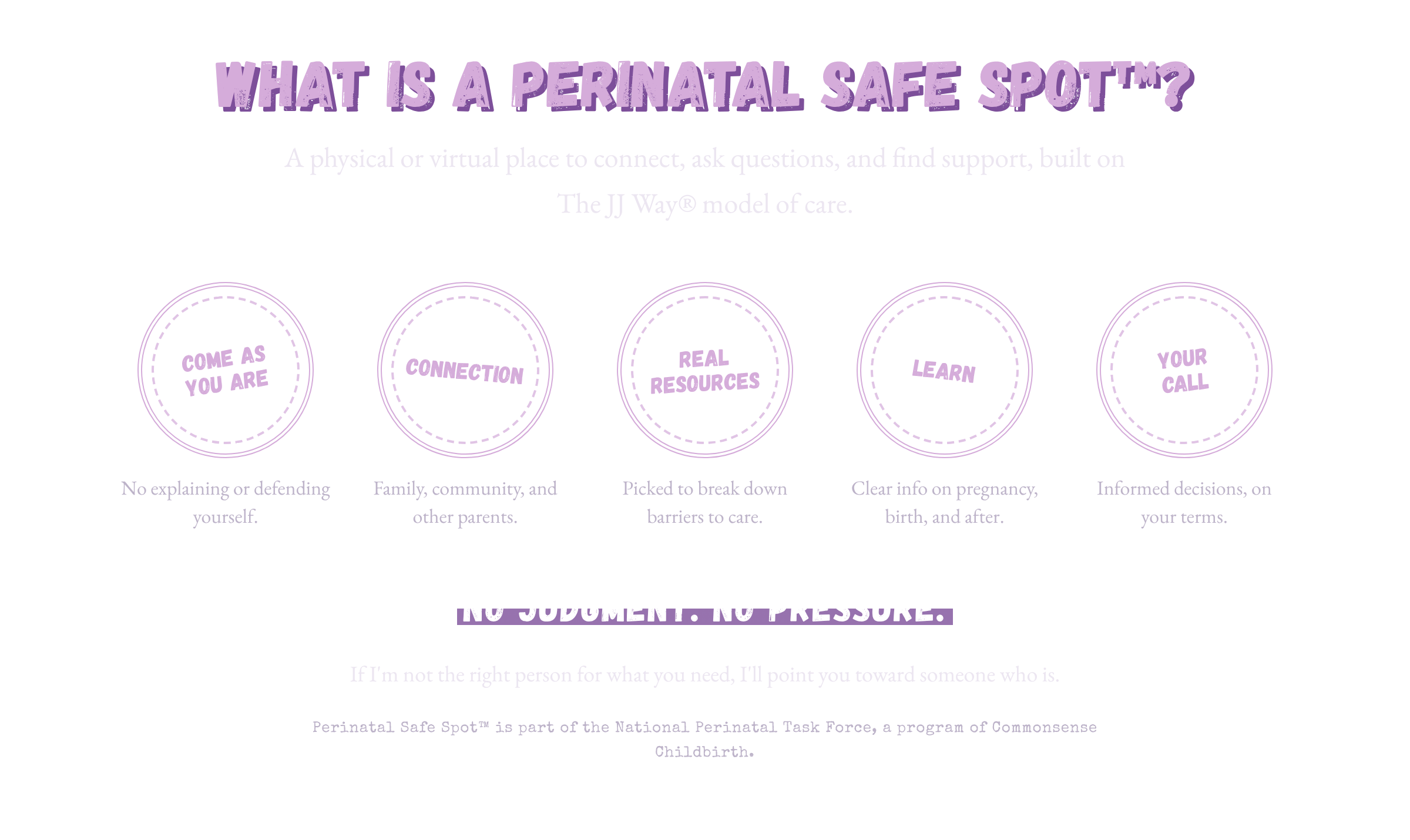 Perinatal Safe Spot infographic explaining connection, real resources, learning, and personal choice through the JJ Way model of care.