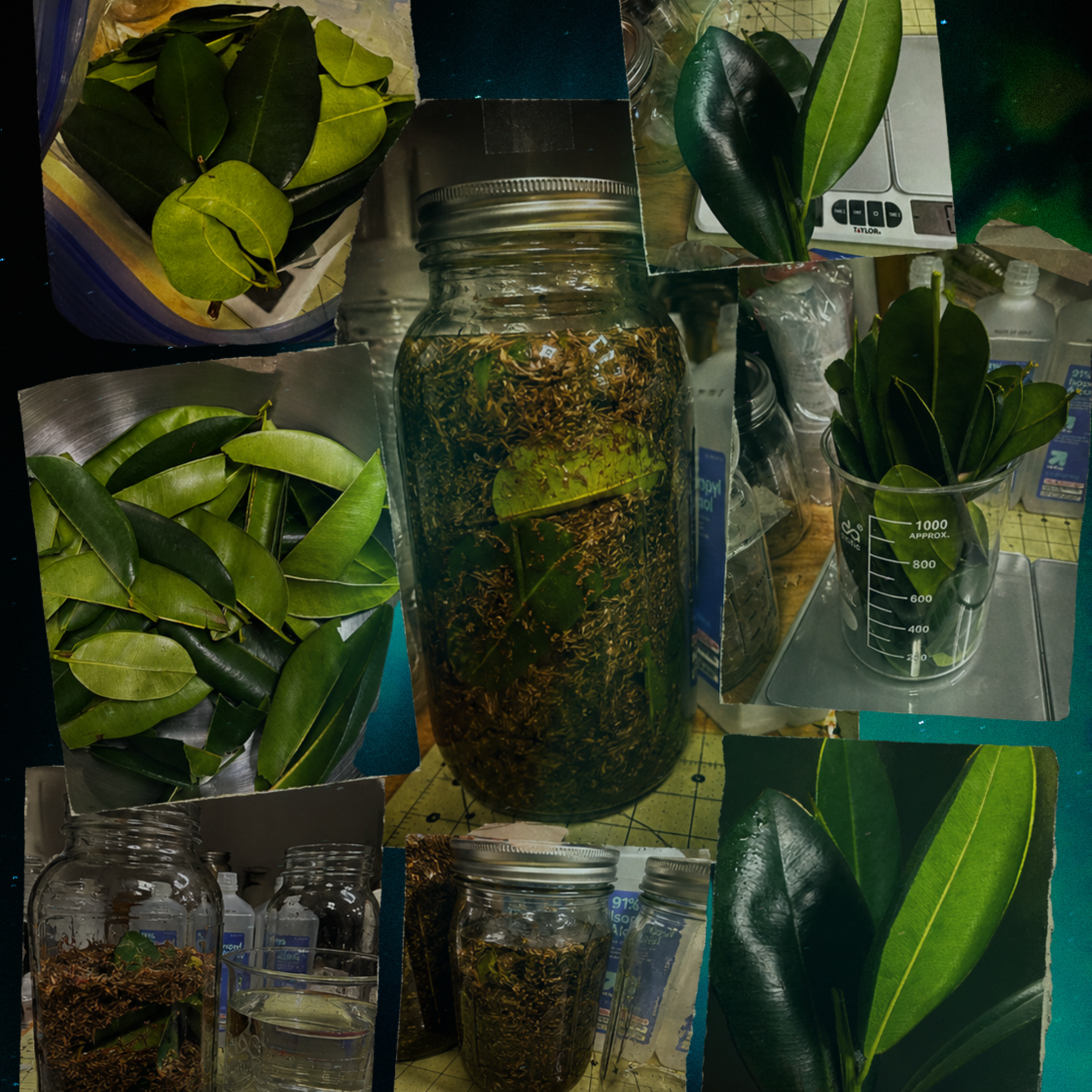 Collage of green leaves, plant cuttings, glass jars, water, moss, and a measuring beaker used for plant propagation.