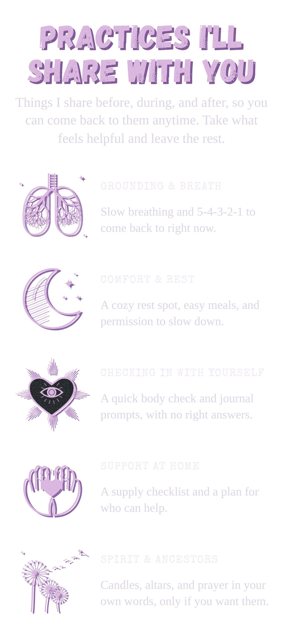 Purple graphic with the text “Practices I Share With You” and illustrated icons of lungs, a stylized brain, an eye in a heart, hands, and dandelions.