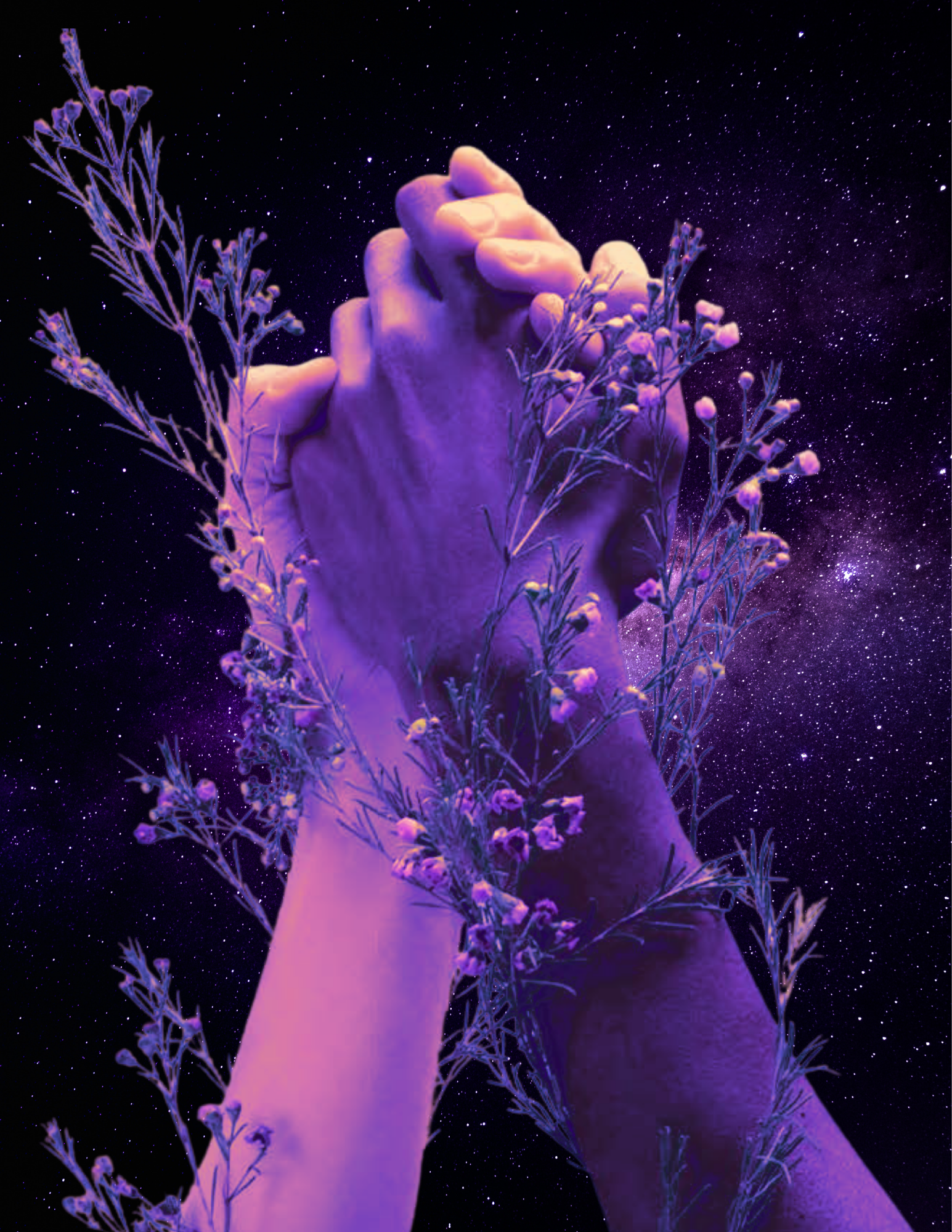 Surreal purple-tinted hands reaching upward among delicate wildflowers against a star-filled night sky