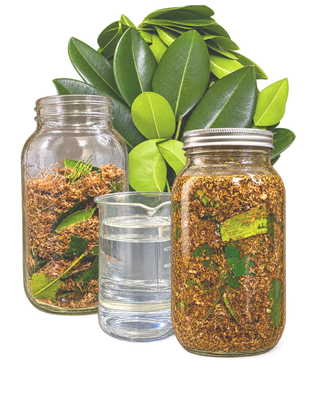 Glass jars filled with dried herbs, a small beaker with water, and fresh green leaves in the background.
