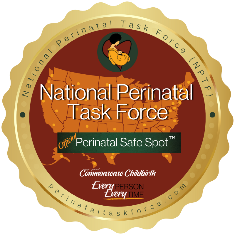 A circular badge for the National Perinatal Task Force, featuring a map of the United States, a baby icon, and text promoting perinatal safe spots for every person at all times.