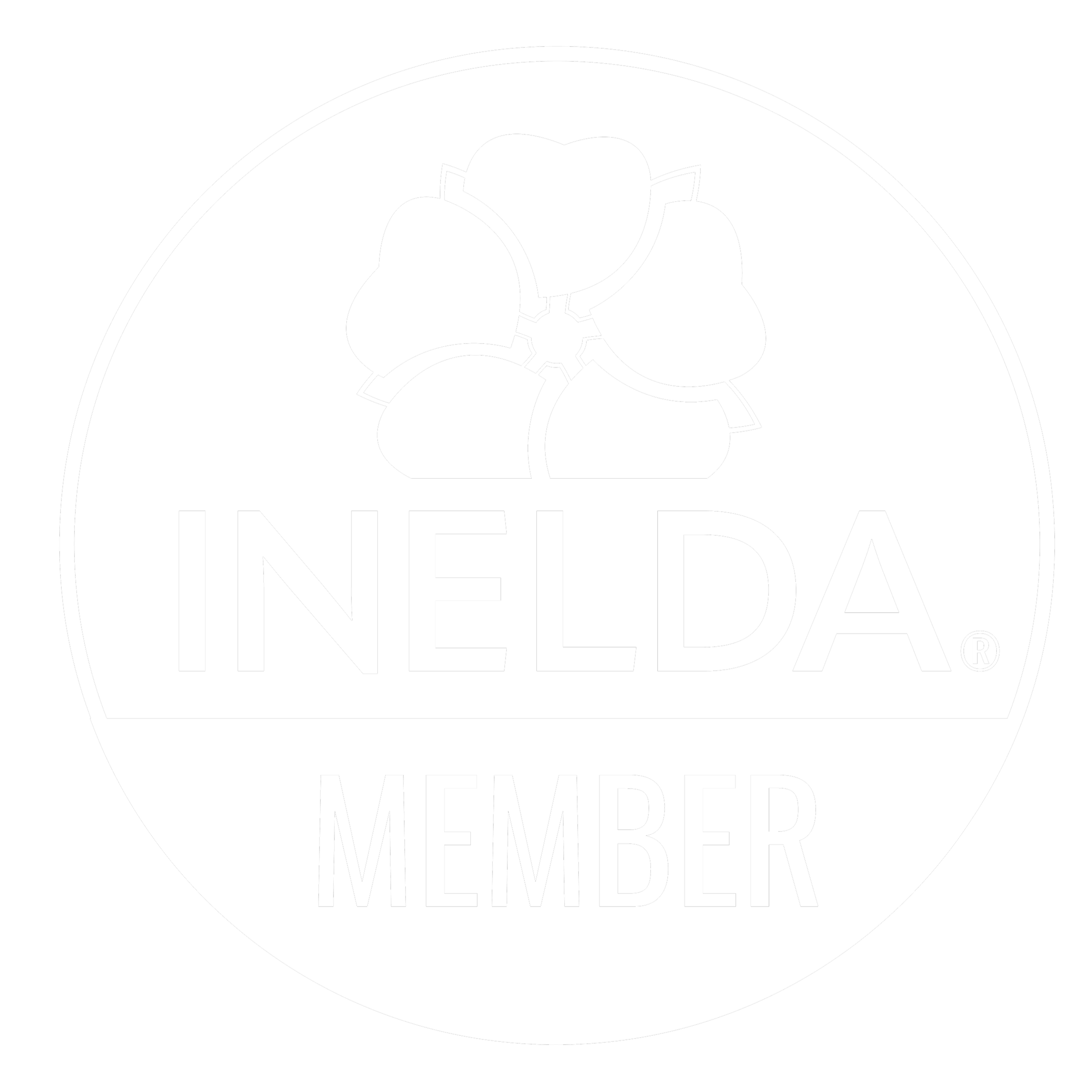 Black and white INELDA member badge with a stylized flower logo and the text 'INELDA MEMBER' inside a circular design.