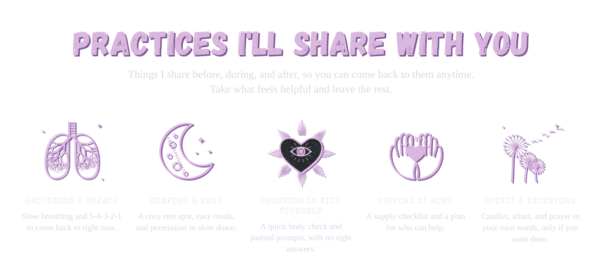 Purple graphic reading “Practices I’ll Share With You,” featuring a key, heart-shaped eye, hands, and floral illustrations on a black background.