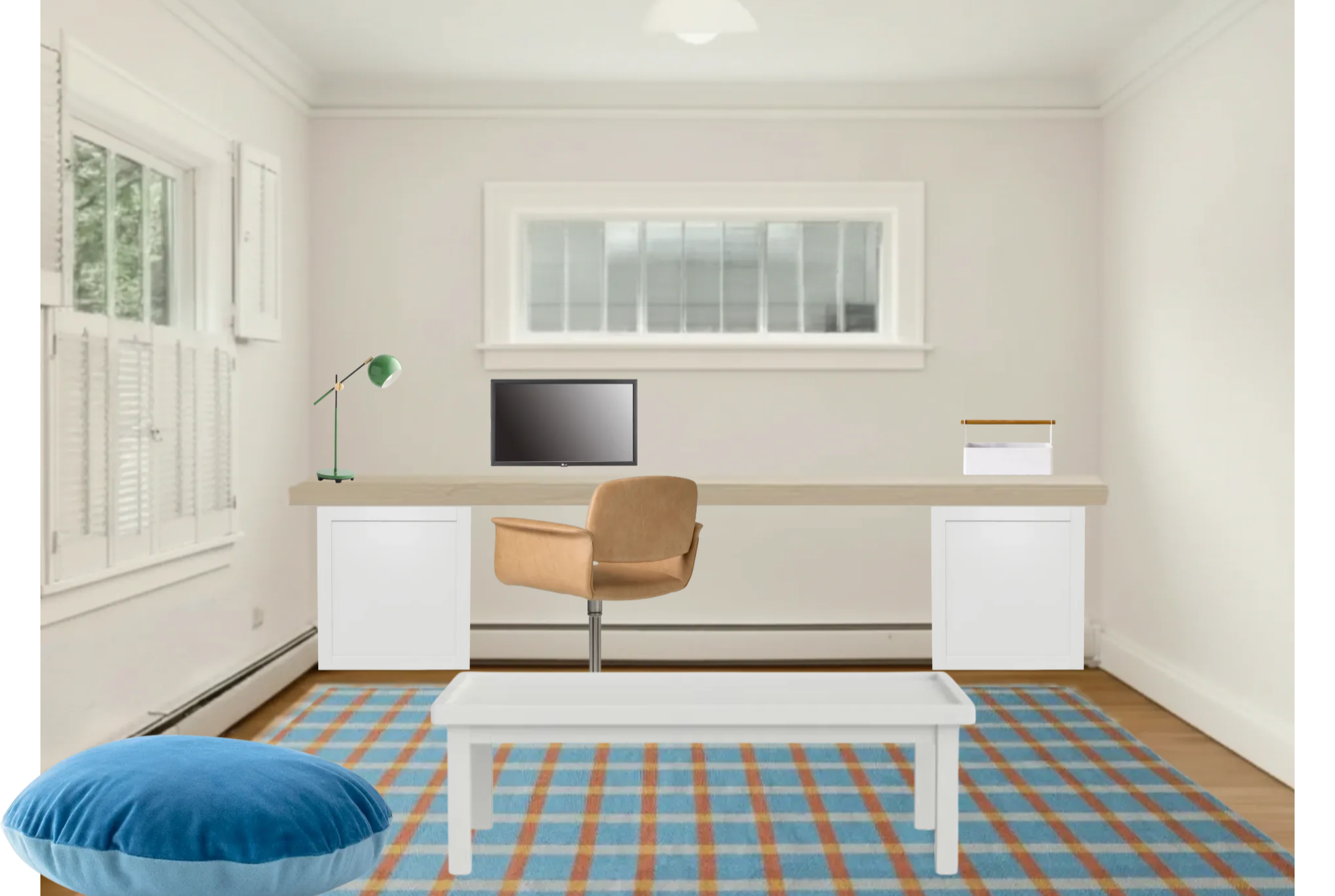 Fun and functional: this space called for a HUGE, 100 inch built in desk.  We accomplished it with a custom butcher block top from home depot, ikea besta base cabinets, and additional bracket supports along the back wall