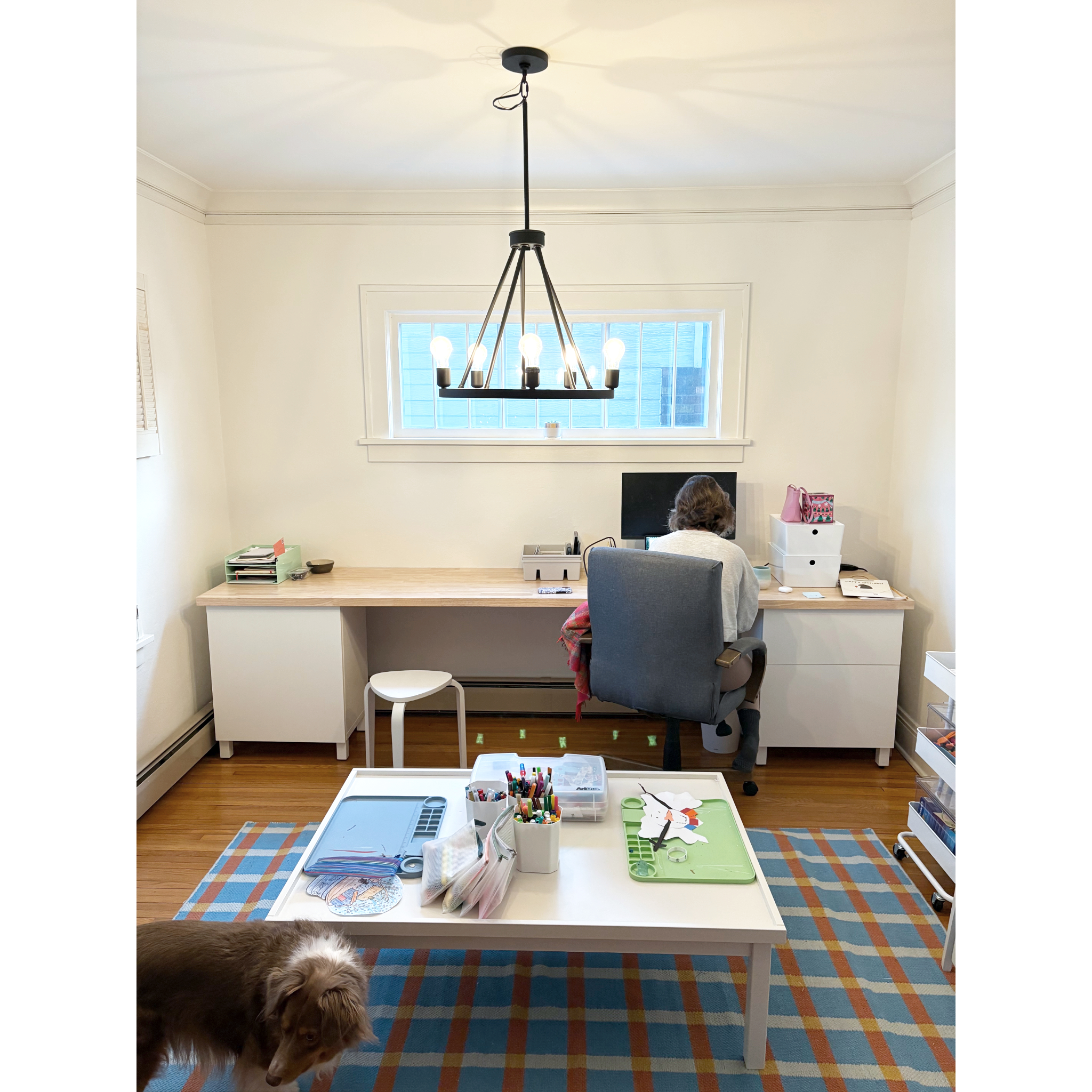 Getting closer to the finished space!  The client was thrilled with the new storage space and colorful rug