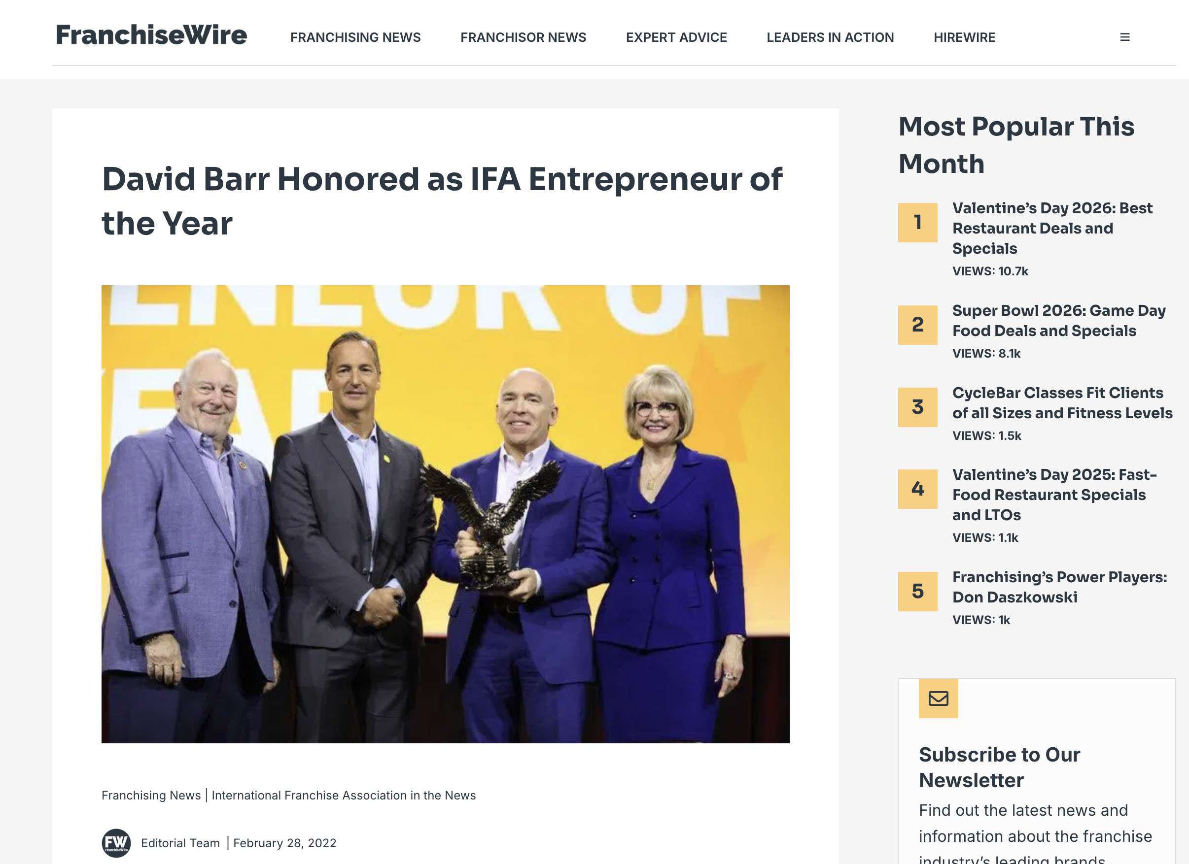 David Barr Honored as IFA Entrepreneur of the Year