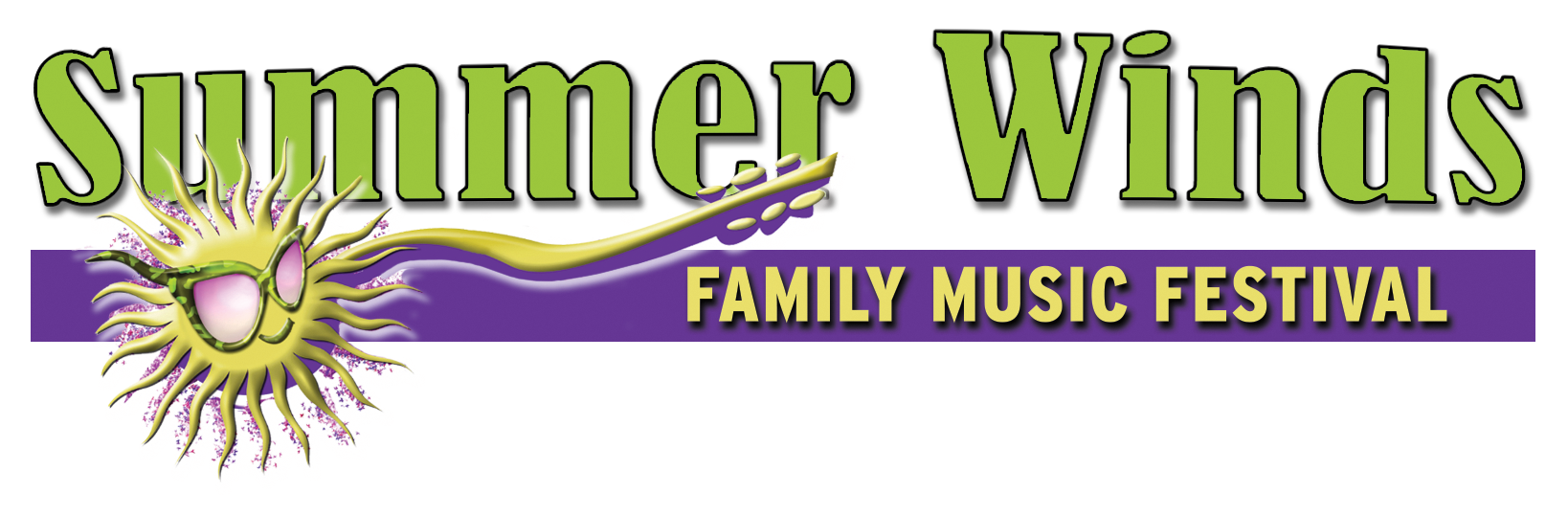 Logo for Summer Winds Family Music Festival with stylized sun wearing sunglasses, and purple and yellow text on a black background.