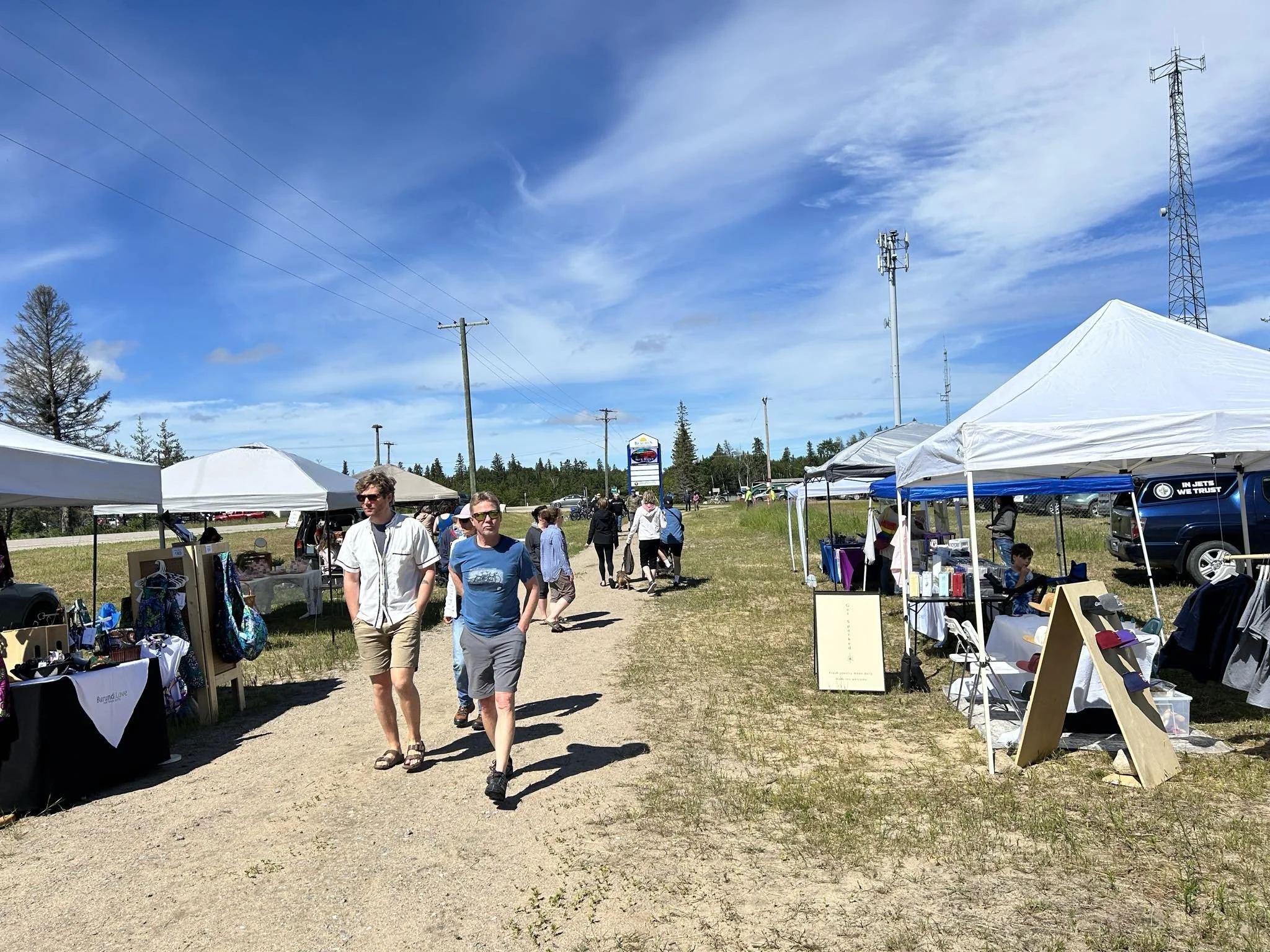 People walking at an outdoor market with vendor tents and display tables on a sunny day with blue sky and some clouds.