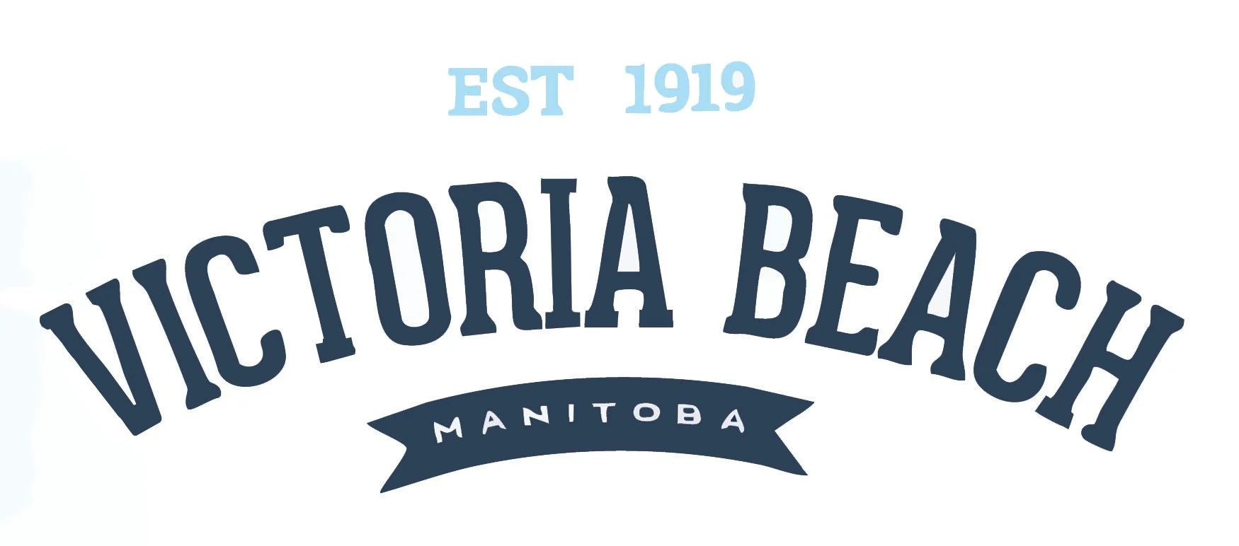 Logo for Victoria Beach in Manitoba, established 1919, featuring arched text and a banner.