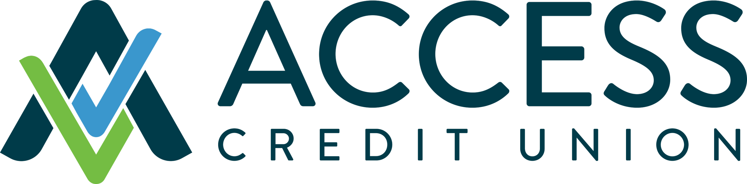 Logo of Access Credit Union featuring stylized overlapping mountains in blue, green, and black with the text 'ACCESS CREDIT UNION' next to it.
