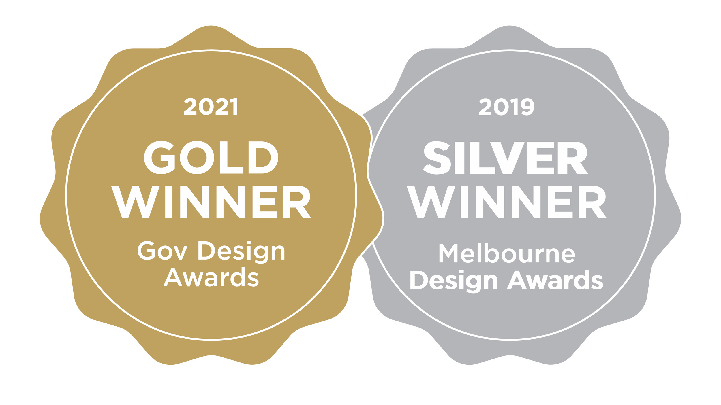 Two overlapping award badges, one gold labeled '2021 Gold Winner Gov Design Awards' and one silver labeled '2019 Silver Winner Melbourne Design Awards'.