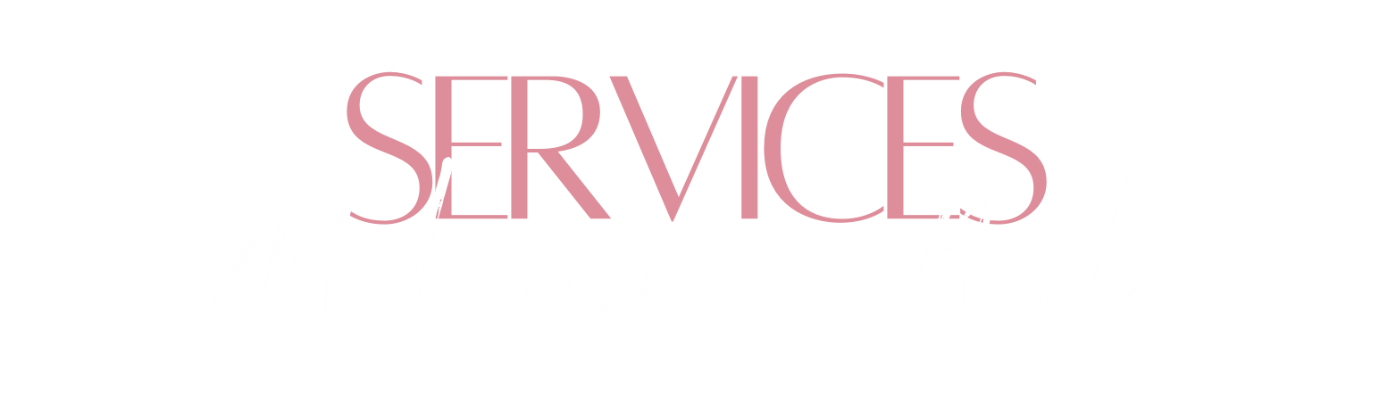 Logo com as palavras 'Services' em rosa, 'Makeup & Nails' em branco manuscrito