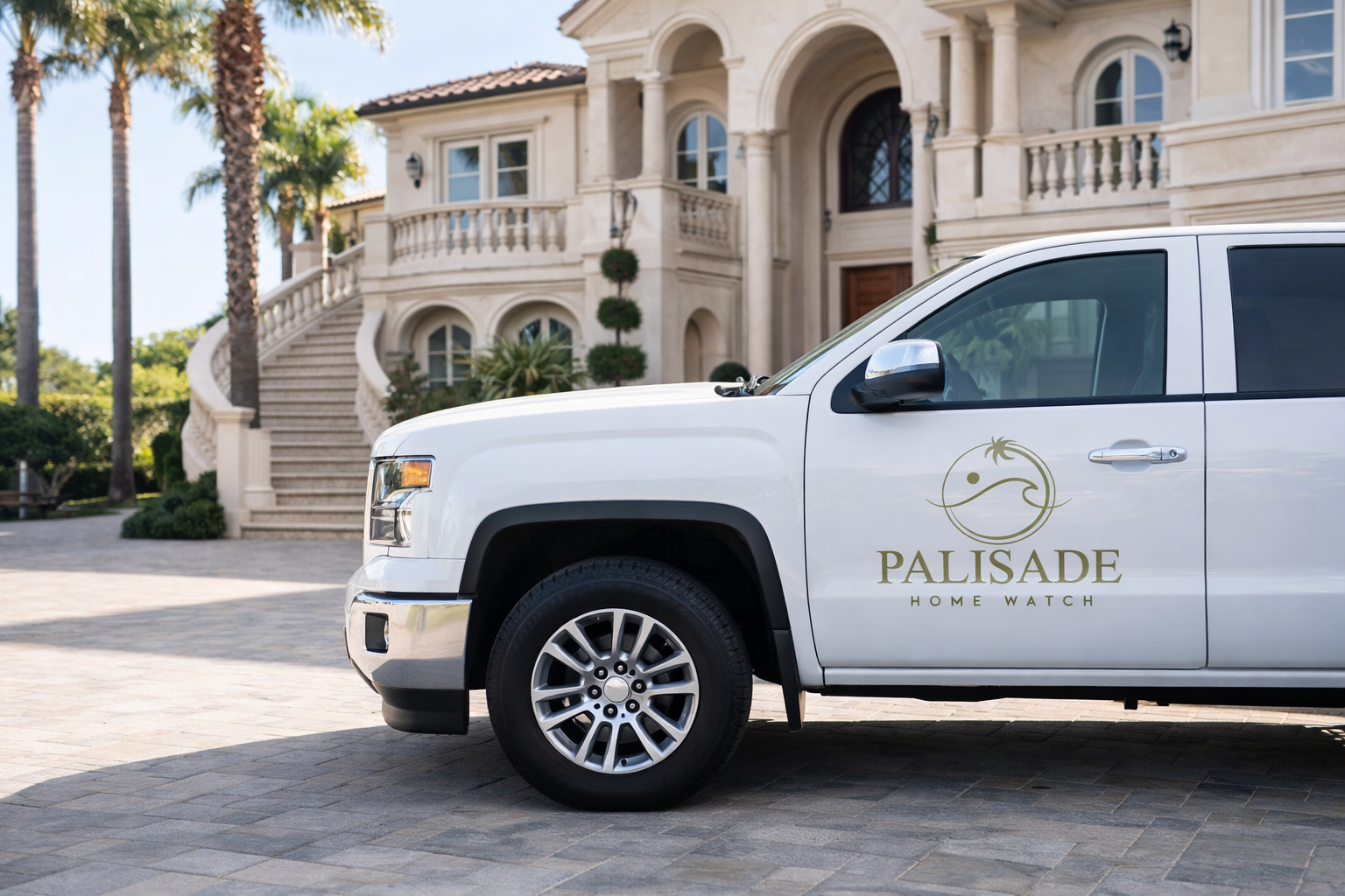 White work truck with 'Palisade Home Watch' logo parked in front of a nice San Diego home