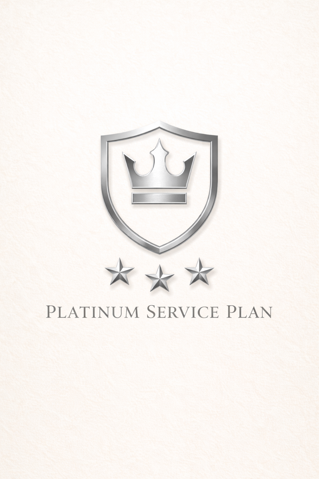 Silver shield emblem with a crown inside, three stars beneath, and the text 'Platinum Service Plan' below.