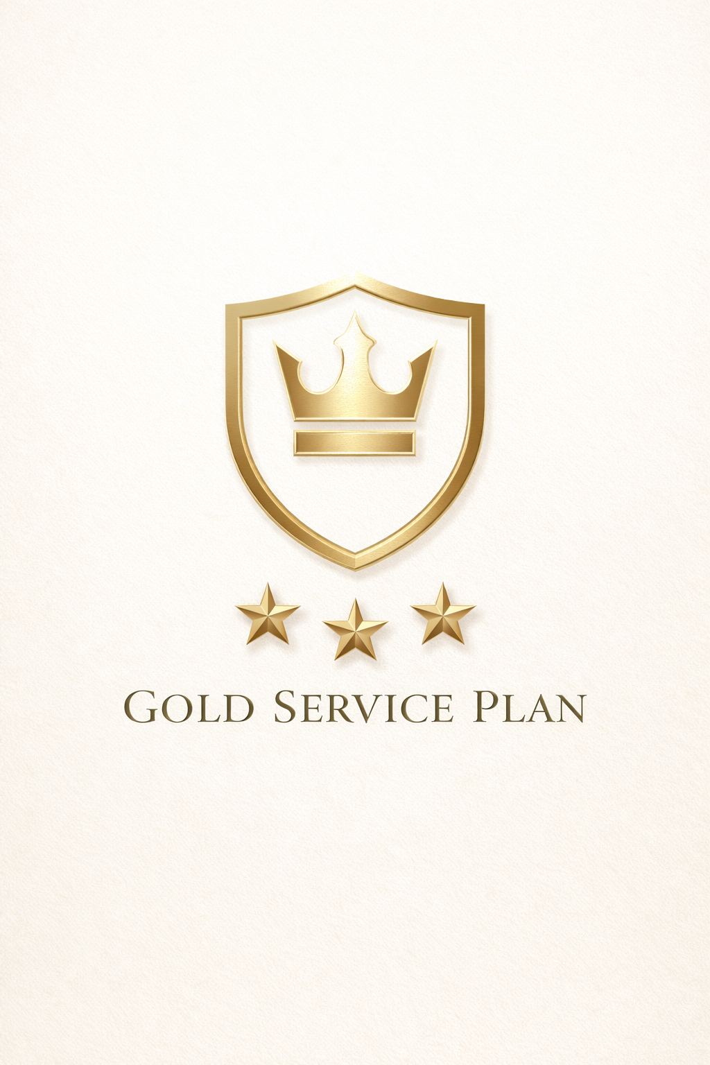 Gold shield emblem with a crown inside, three gold stars below, and the text 'Gold Service Plan' on a light background.