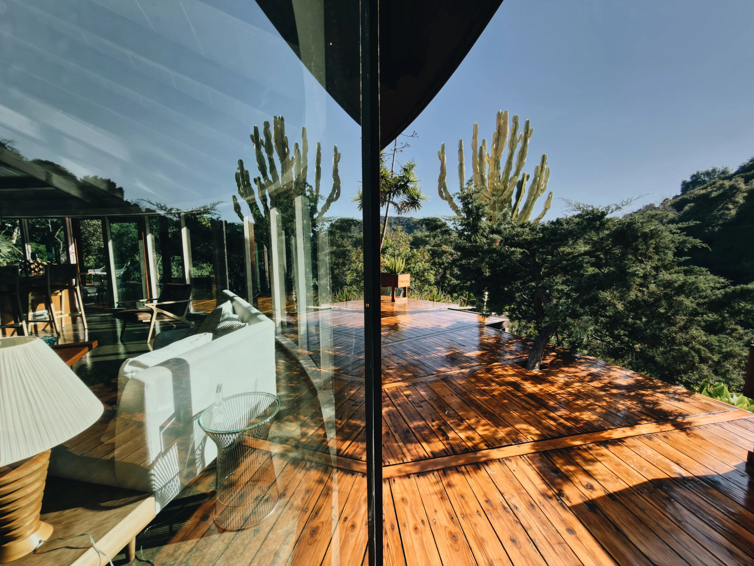 Interior of a modern home with glass walls, hardwood floors, a white sofa, a table lamp, and a view of a deck and trees outside.