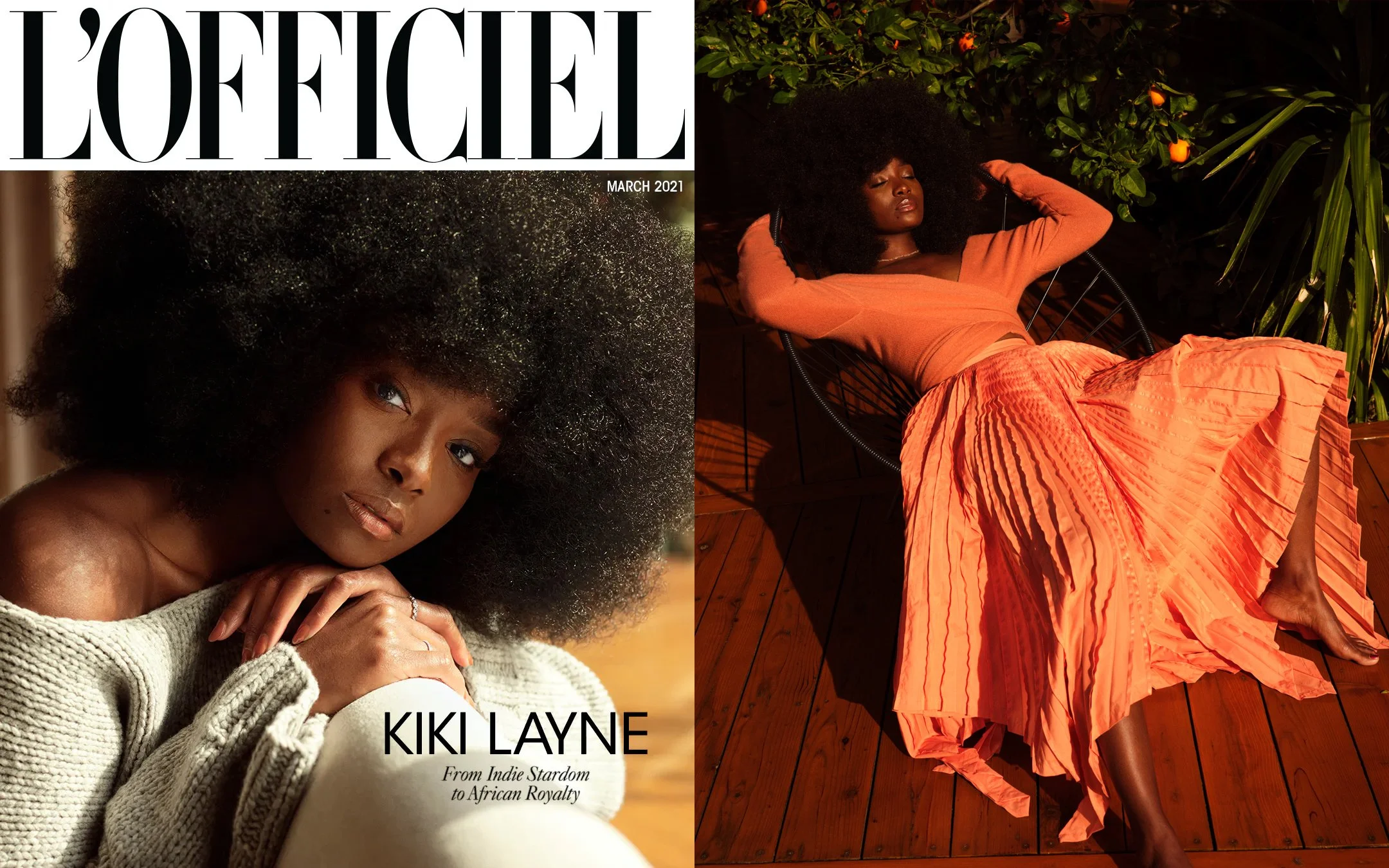 Magazine cover featuring a woman with natural afro hairstyle on the left, and a woman with voluminous curly hair relaxing on a chair outdoors in a garden on the right.