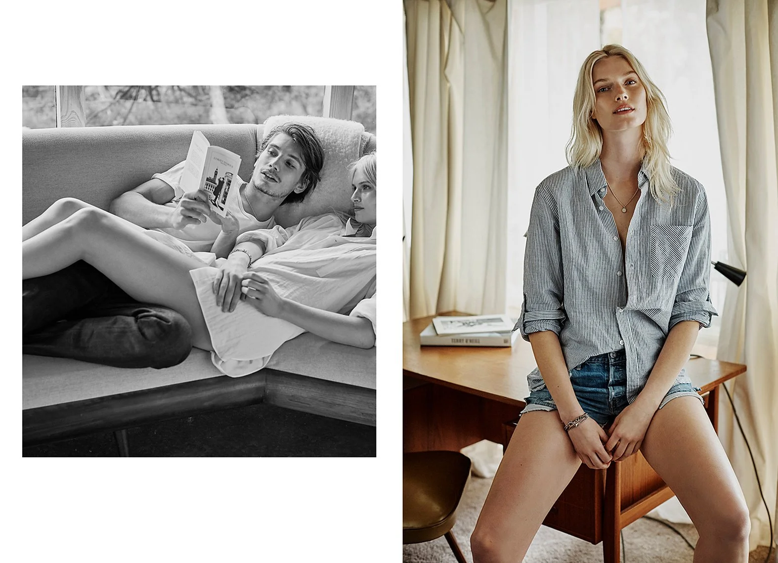 A black-and-white photo shows two people, a man and a woman, lounging on a sofa inside a house. The man is reading a book aloud, while the woman lies beside him with her legs draped over the sofa arm. The woman in a colored photo is standing in a roo