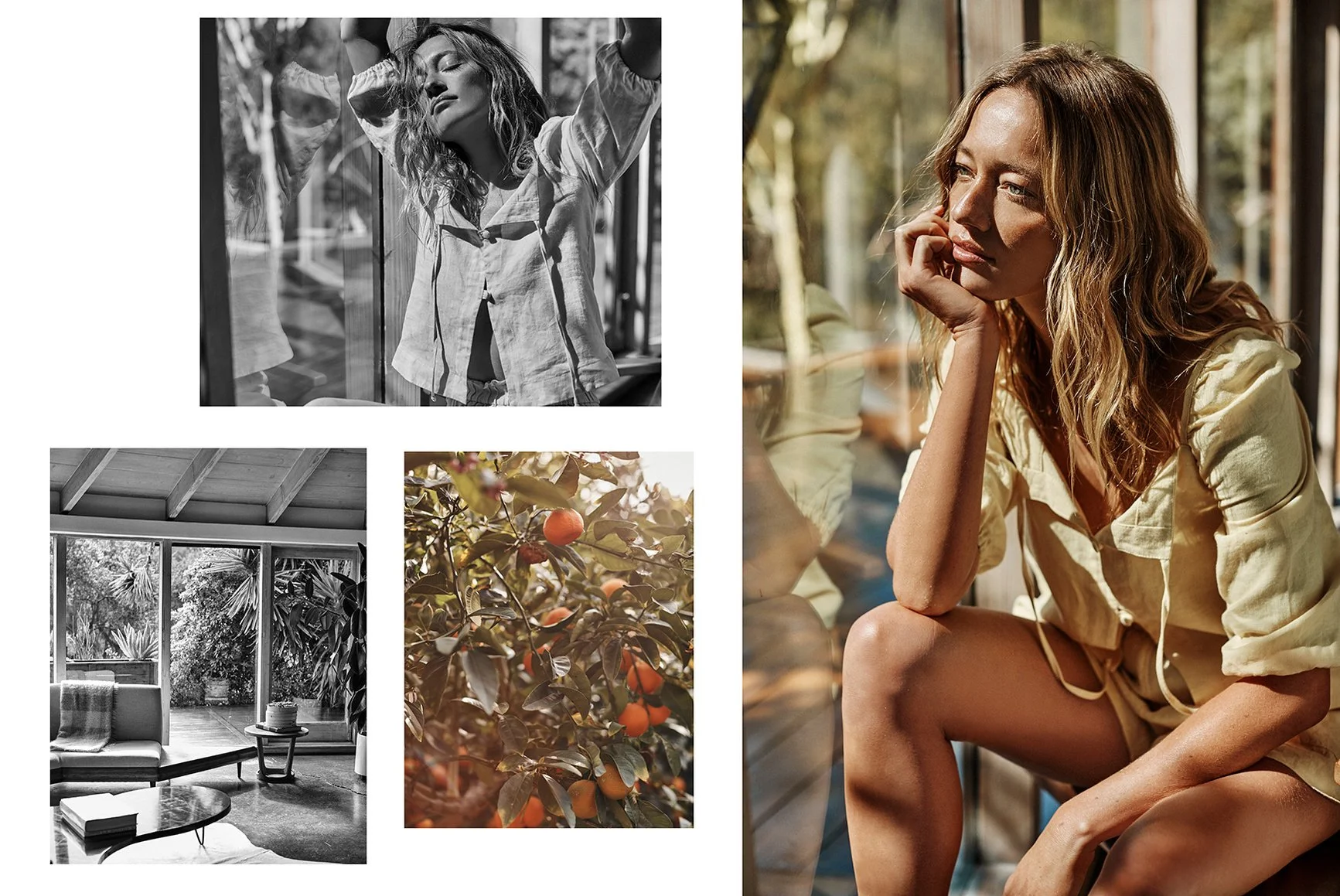 A collage of four photos features a woman with wavy hair and a woman sitting by a window. The woman with wavy hair, wearing a light-colored shirt, is posing with her eyes closed and hand on her head in black-and-white. In the other color photo, she i