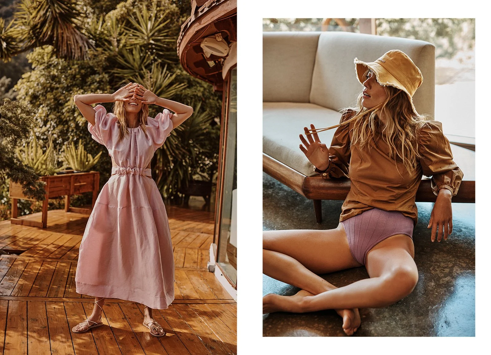 Two women in fashion poses. The woman on the left is outdoors on a wooden deck, wearing a pink dress and sandals, covering her face with her hands and smiling. The woman on the right is indoors, sitting on the floor with her back against a sofa, wear