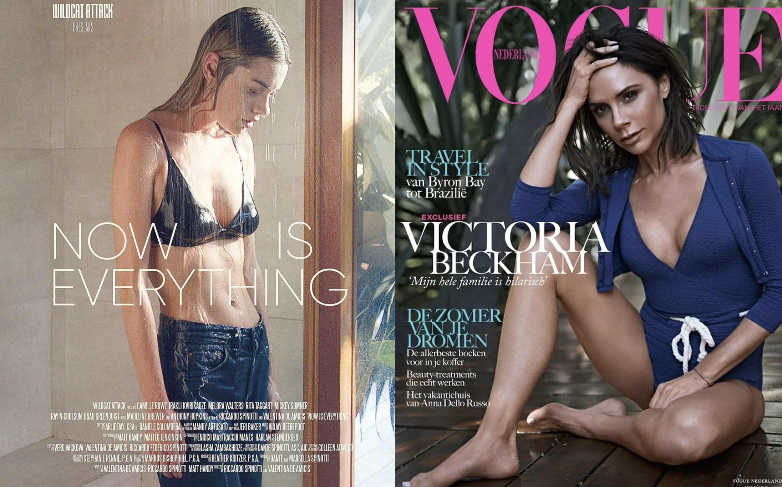Side-by-side magazine covers featuring women in swimsuits. The left cover shows a woman in a wet dark bikini, looking down, with the text 'Now is Everything.' The right cover features Victoria Beckham in a blue outfit, sitting on the ground outdoors,