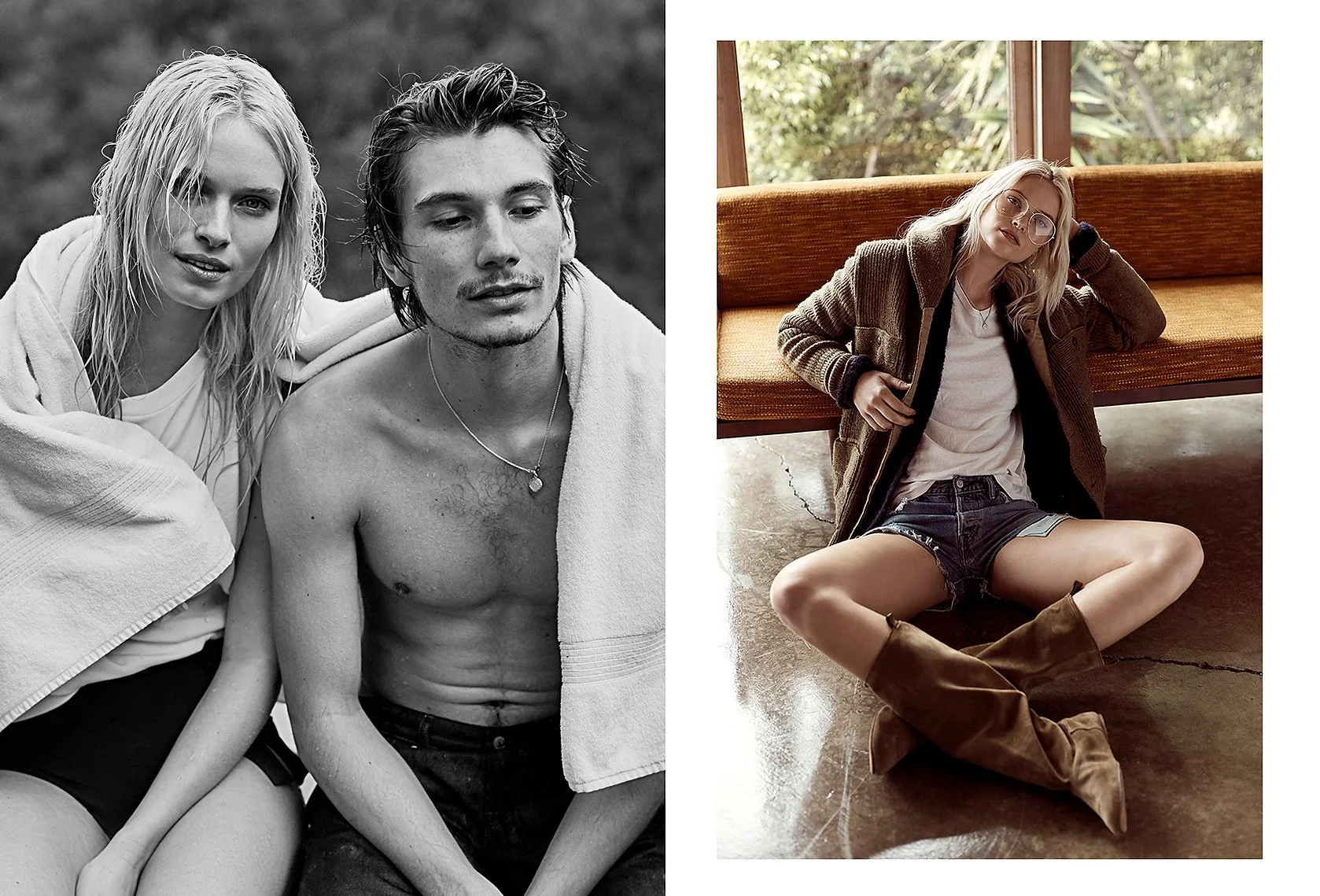 A split image showing two different scenes: on the left, a black-and-white photo of a woman with long blond hair and a man with dark hair, both looking in the same direction, outdoors with towels around their shoulders. On the right, a woman with blo