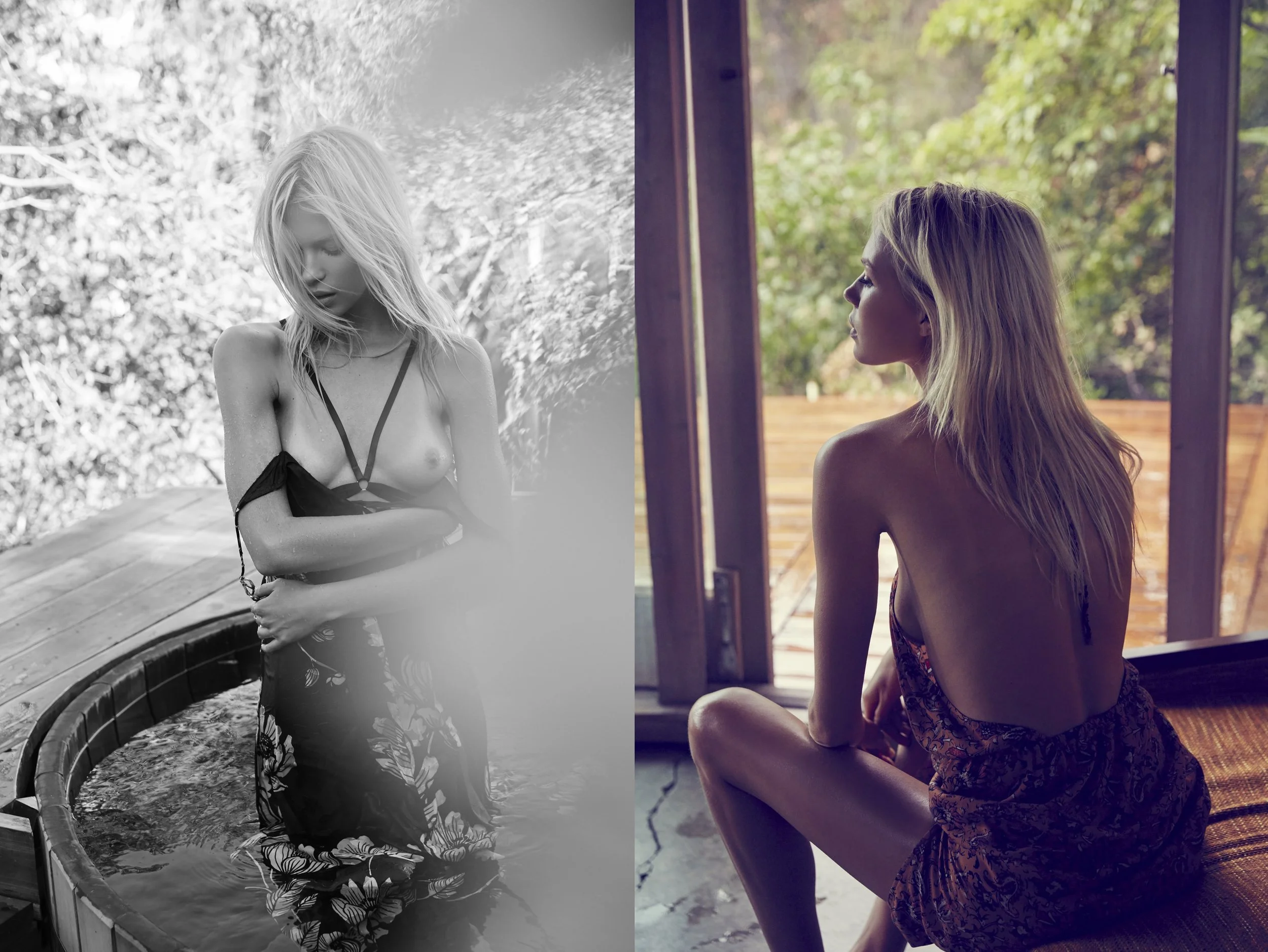 A split image of a woman. On the left, she is standing in a hot tub outdoors in black and white, with her head down and arms crossed, wearing a bikini top and patterned skirt. On the right, she is sitting inside, looking out a door to a wooden deck, 