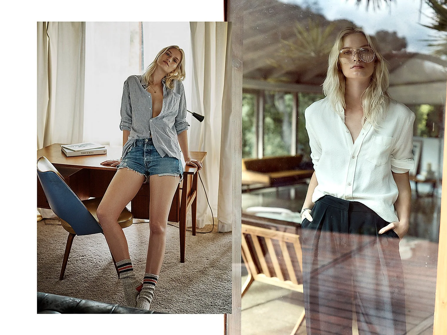 Two women in casual clothing, one indoors and one outdoors, both with blonde hair and glasses.