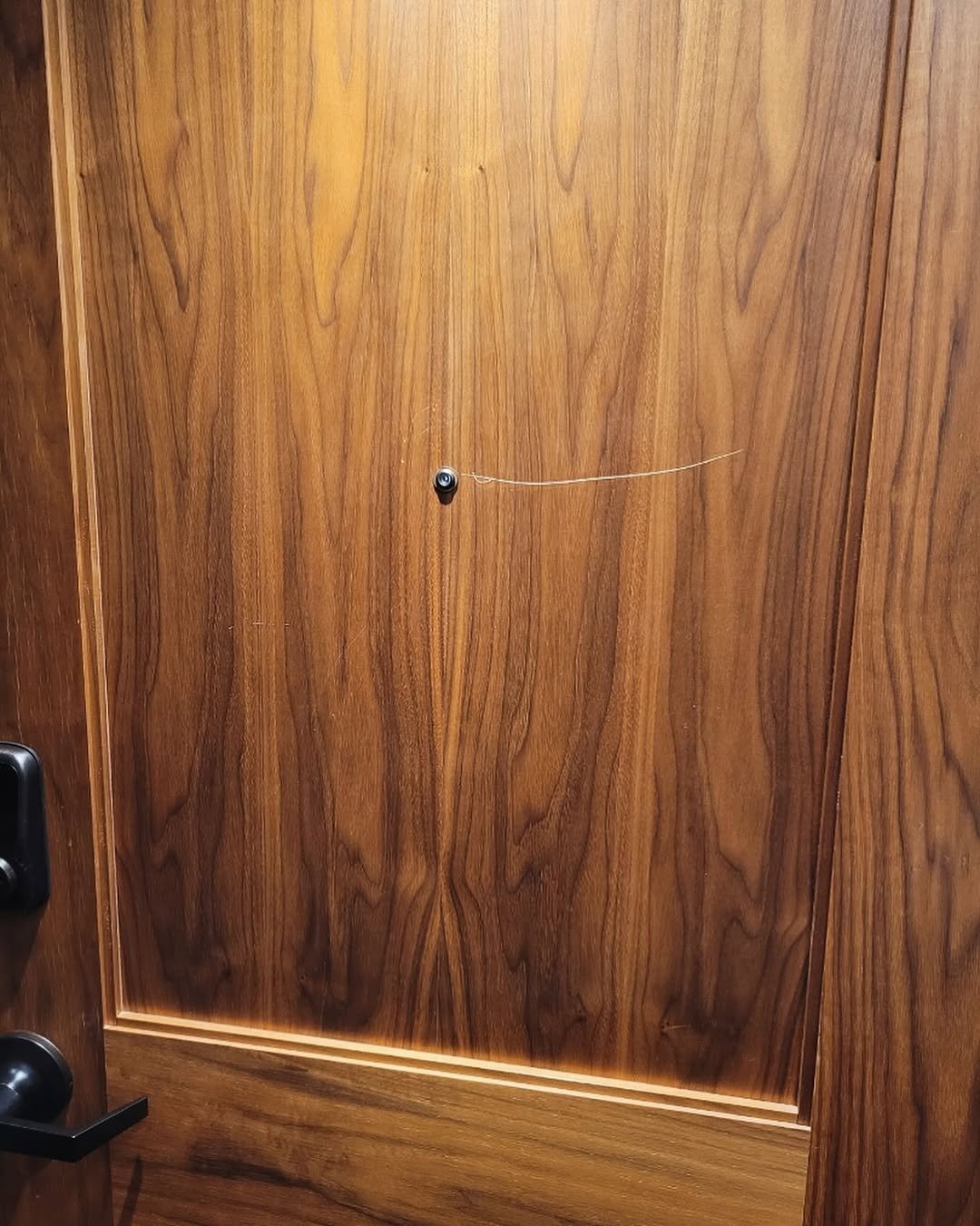 A wooden door with a small black eye hook attached to the center, with a thin string tied to it.