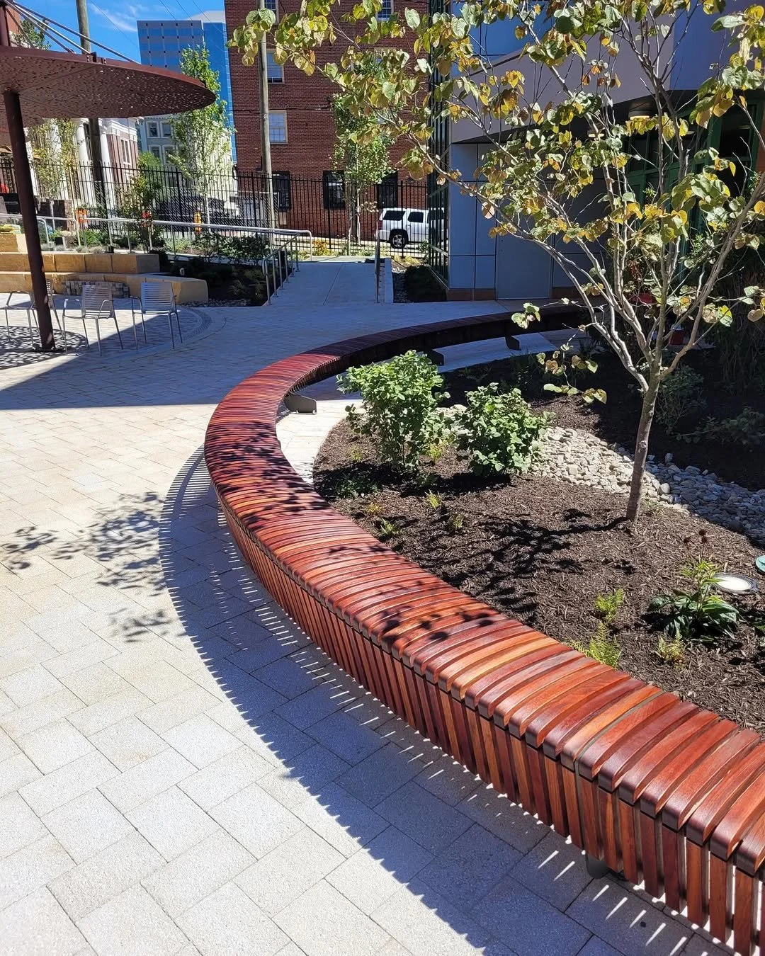A curved wooden bench in a landscaped outdoor area with small trees, shrubs, and a paved walkway.
