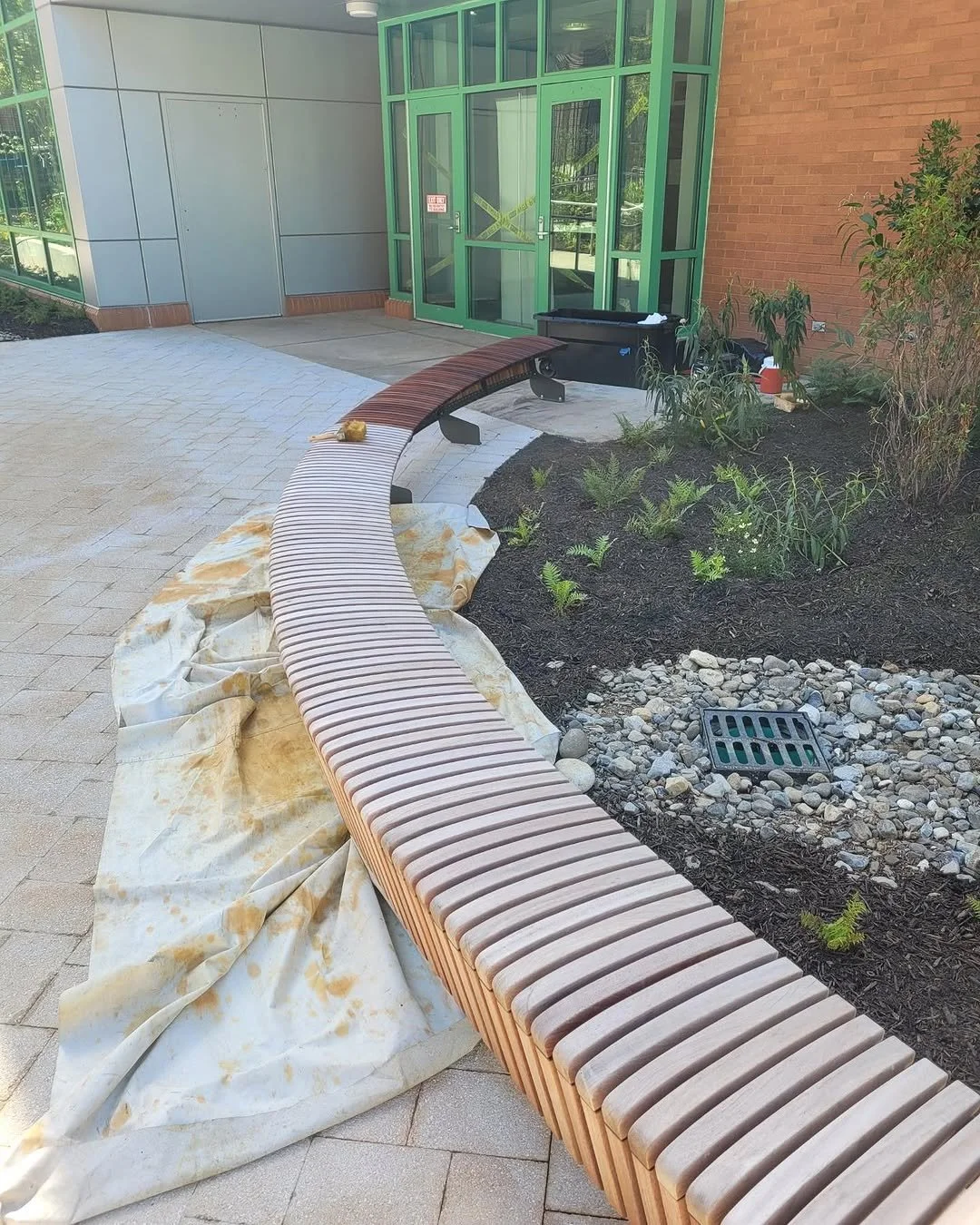 Curved wooden outdoor bench under construction near a building with glass entrance doors, surrounded by garden beds with plants and a drainage grate.