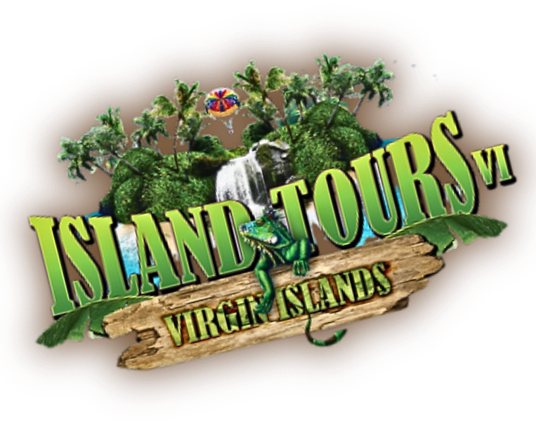 Colorful logo for Island Tours Virgin Islands, featuring tropical scenery, palm trees, waterfall, and a playful lizard on a wooden sign.
