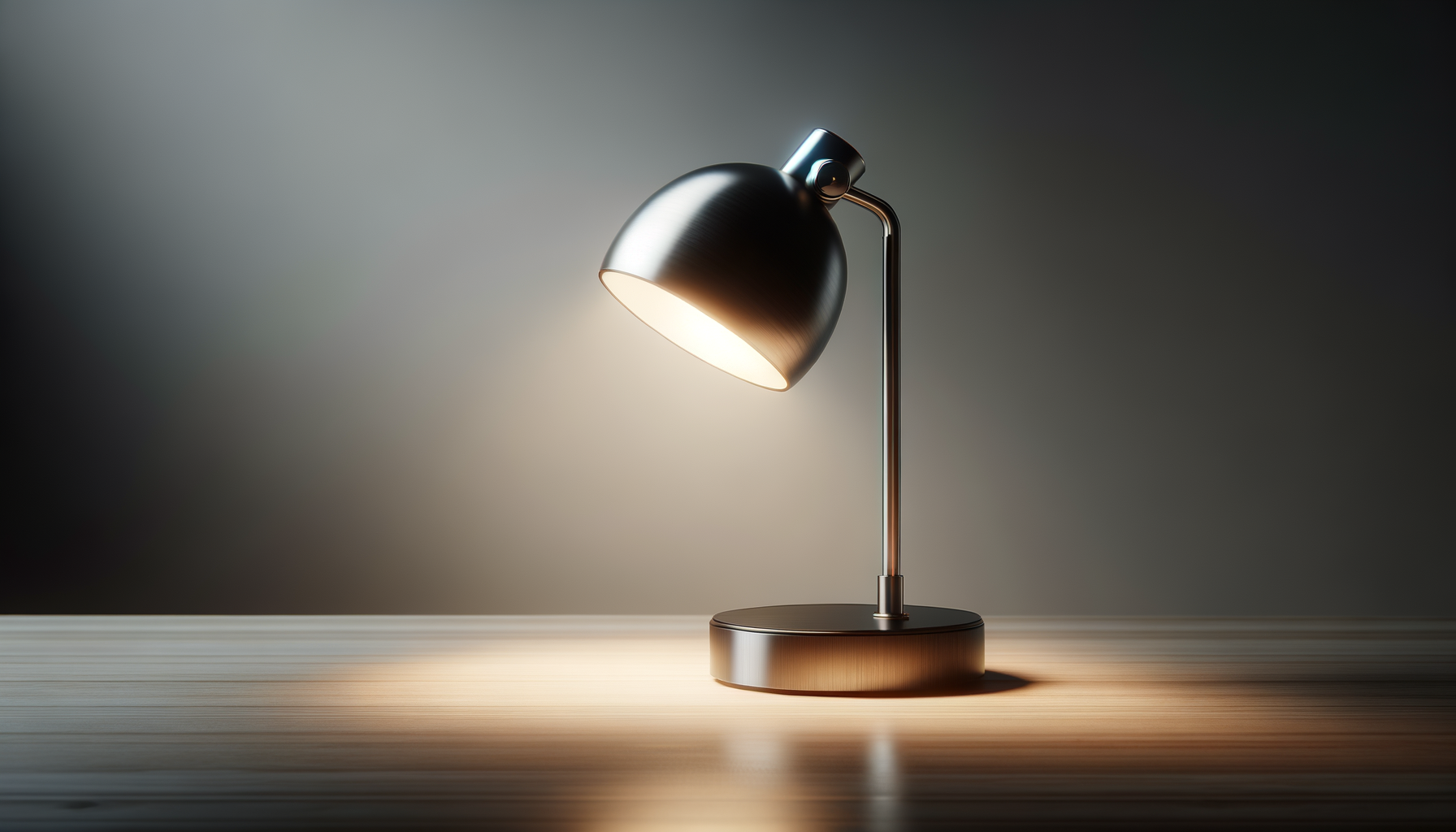 A modern black desk lamp turned on, illuminating a wooden surface with a soft glow in a dimly lit room.