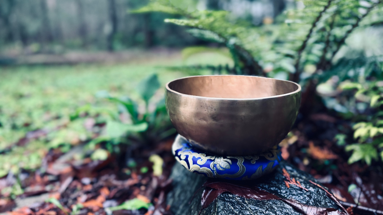 Himalayan and Tibetan singing bowls sitting on a rock