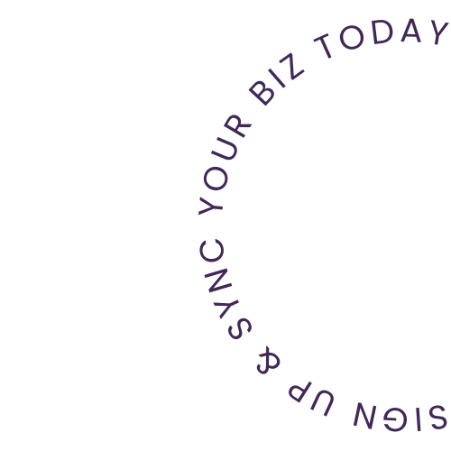 A partial circular logo with purple text reading 'Sign Up & Sync Your Biz Today'