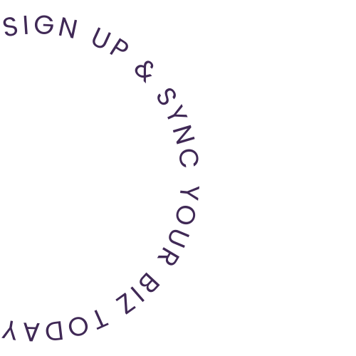 A circular logo with the text 'Sign Up & Sync Your Biz Today' written around the inner edge.