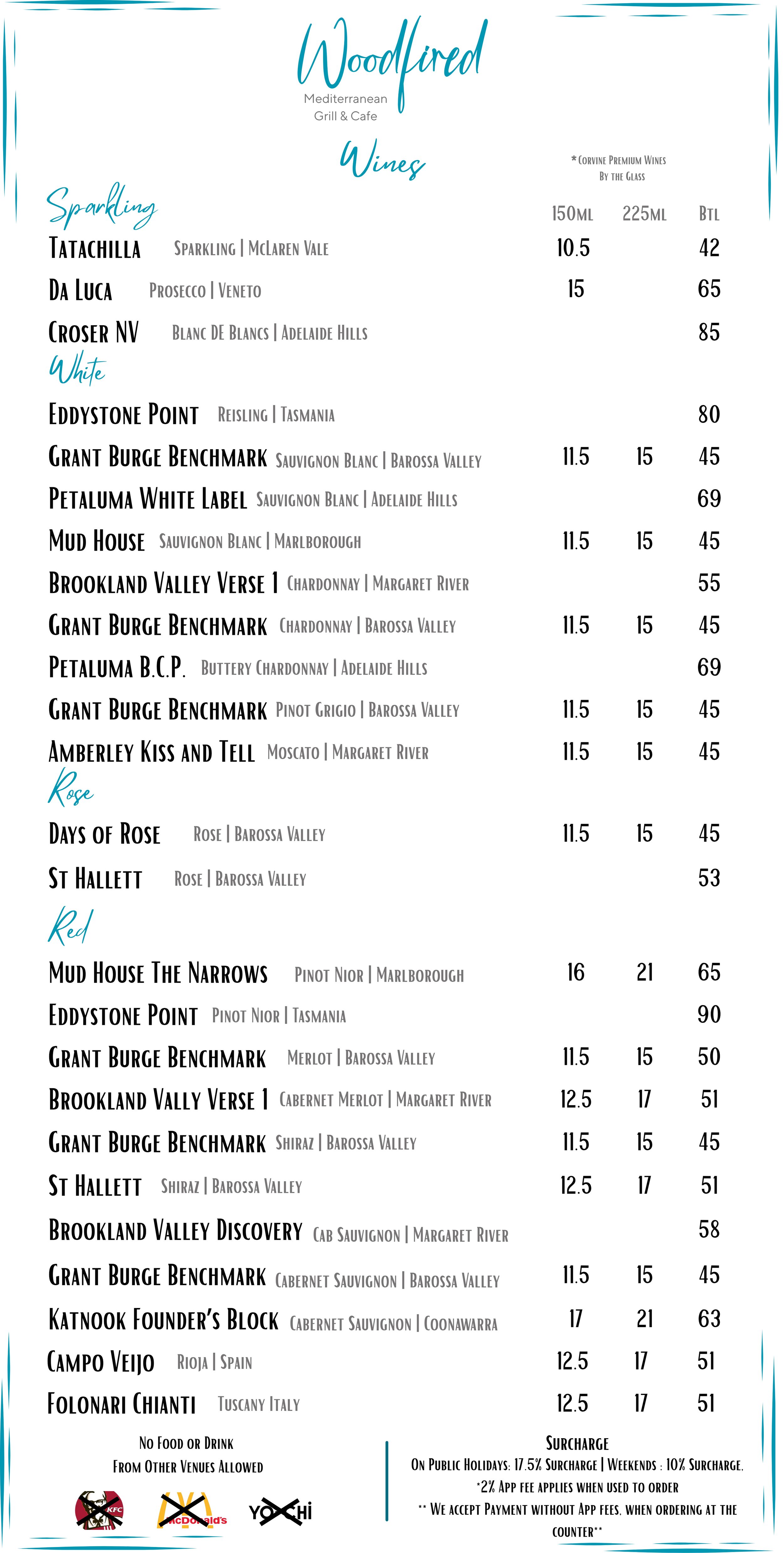 Restaurant menu for Woodlird Mediterranean Grill & Cafe, listing wine options with prices per glass and bottle, divided into Sparkling, White, Red, and no food or drink disclaimer at the bottom.