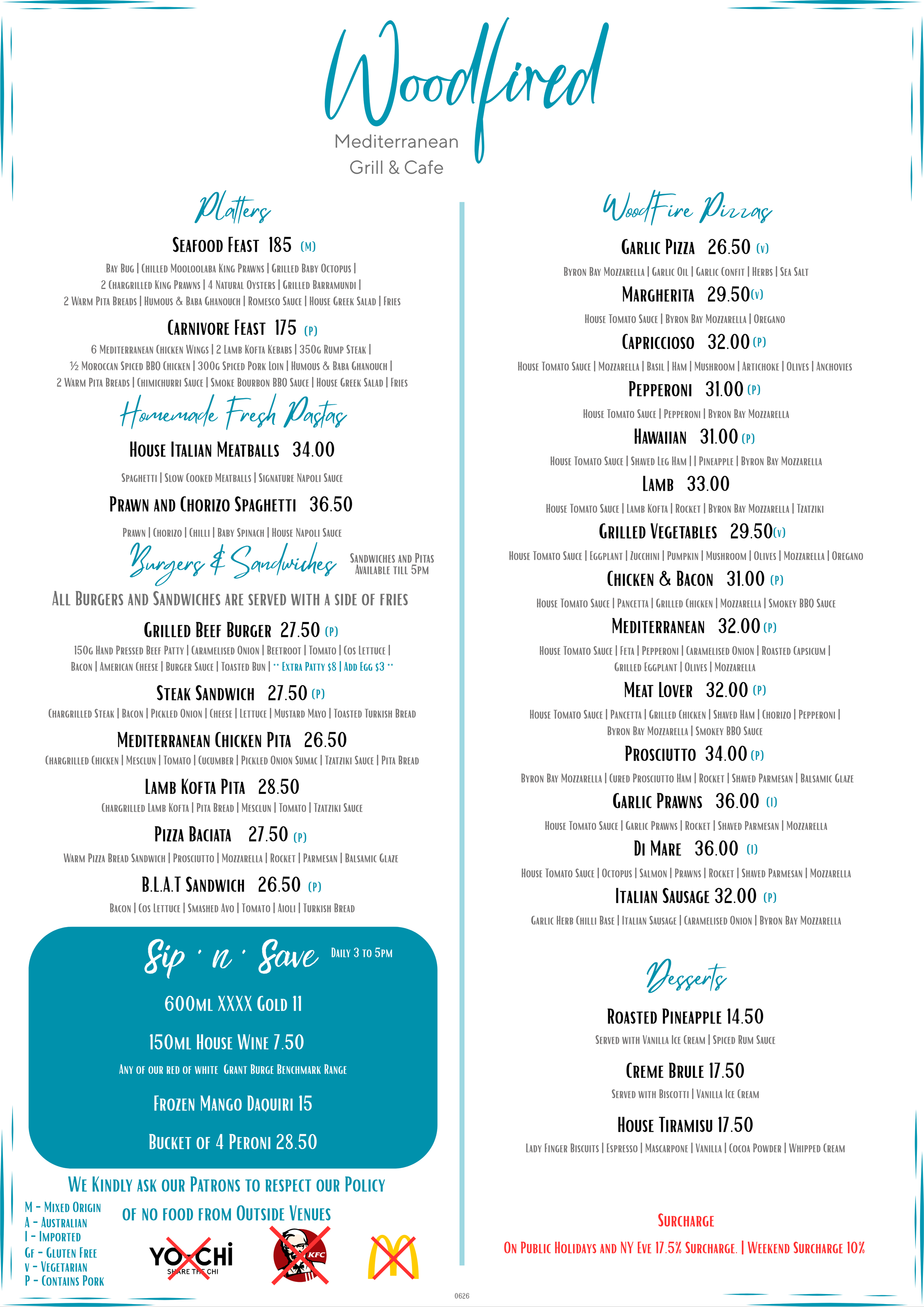 Menu from Woodfired Mediterranean Grill & Cafe, including sections for Platter dishes, Homemade Fresh Pastas, WoodFire Pizzas, Desserts, drinks, and a notice about no outside food, with colorful decorative borders.