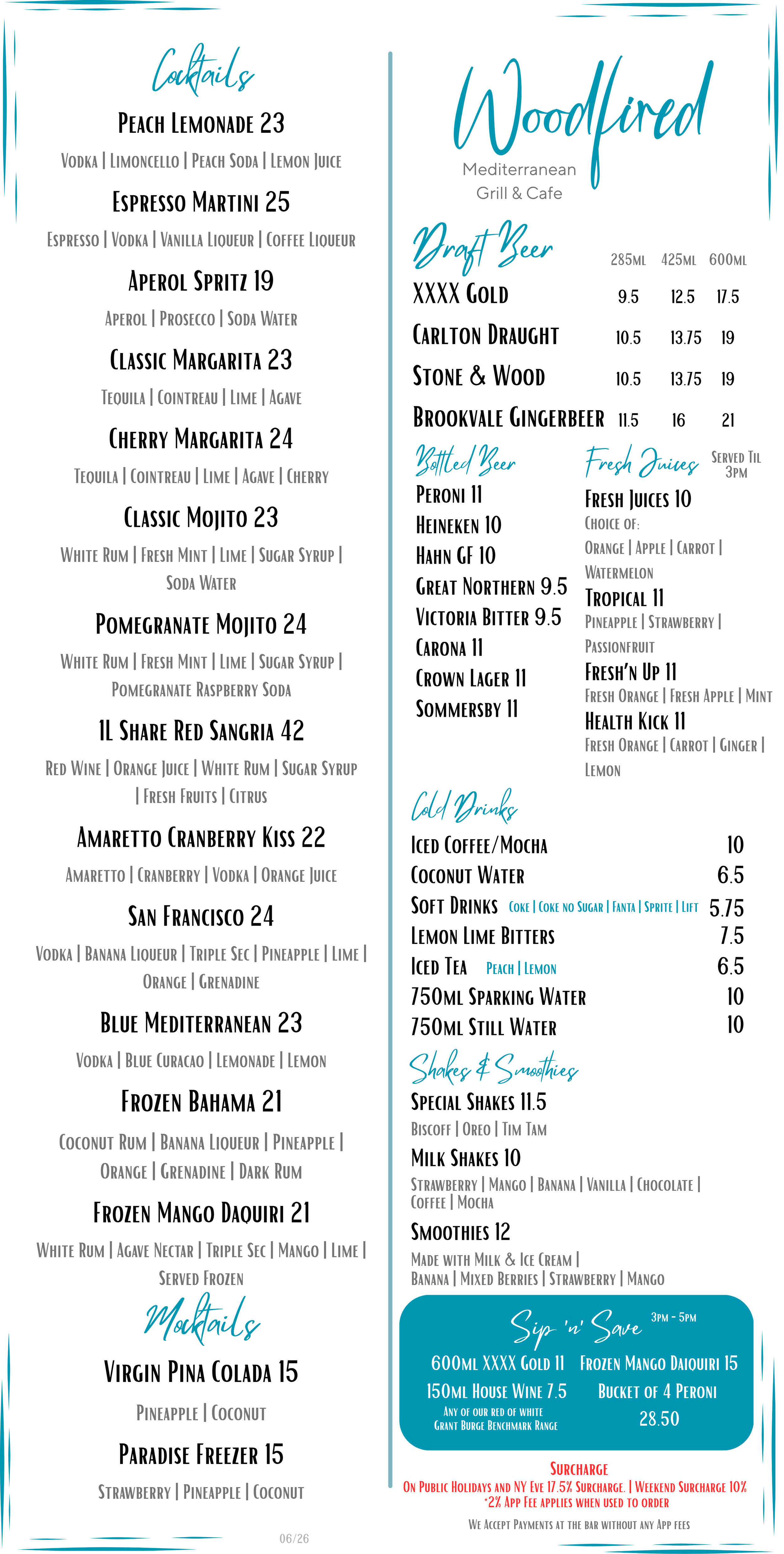 Drink menu from Woodfired Mediterranean Grill & Cafe listing cocktails, draft and bottled beer, fresh juices, cold drinks, and smoothies, with various prices and options.