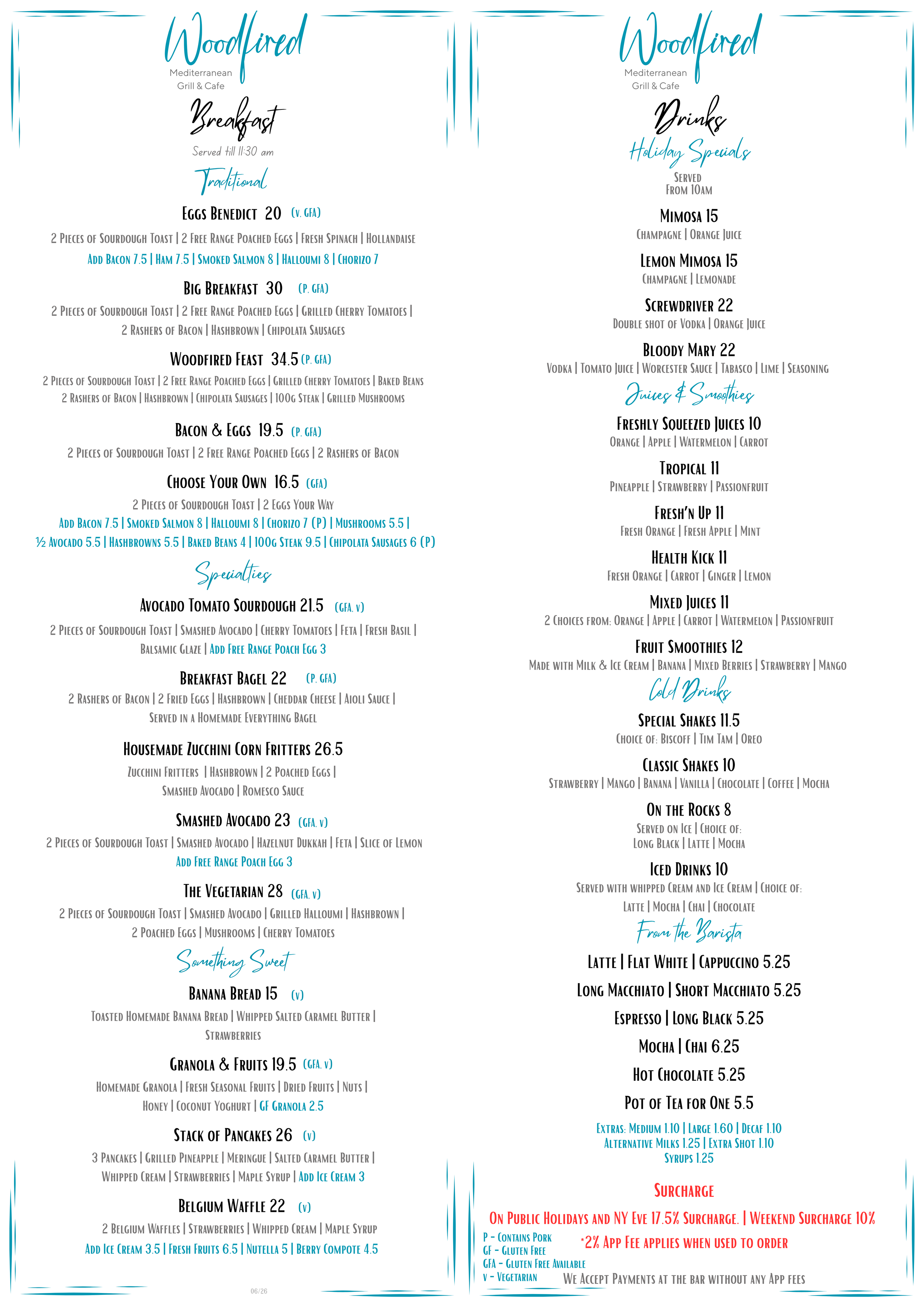 Menu from Woodfired Mediterranean Grill & Cafe listing breakfast, lunch, drinks, smoothies, cold drinks, and desserts with various food and beverage options and prices.