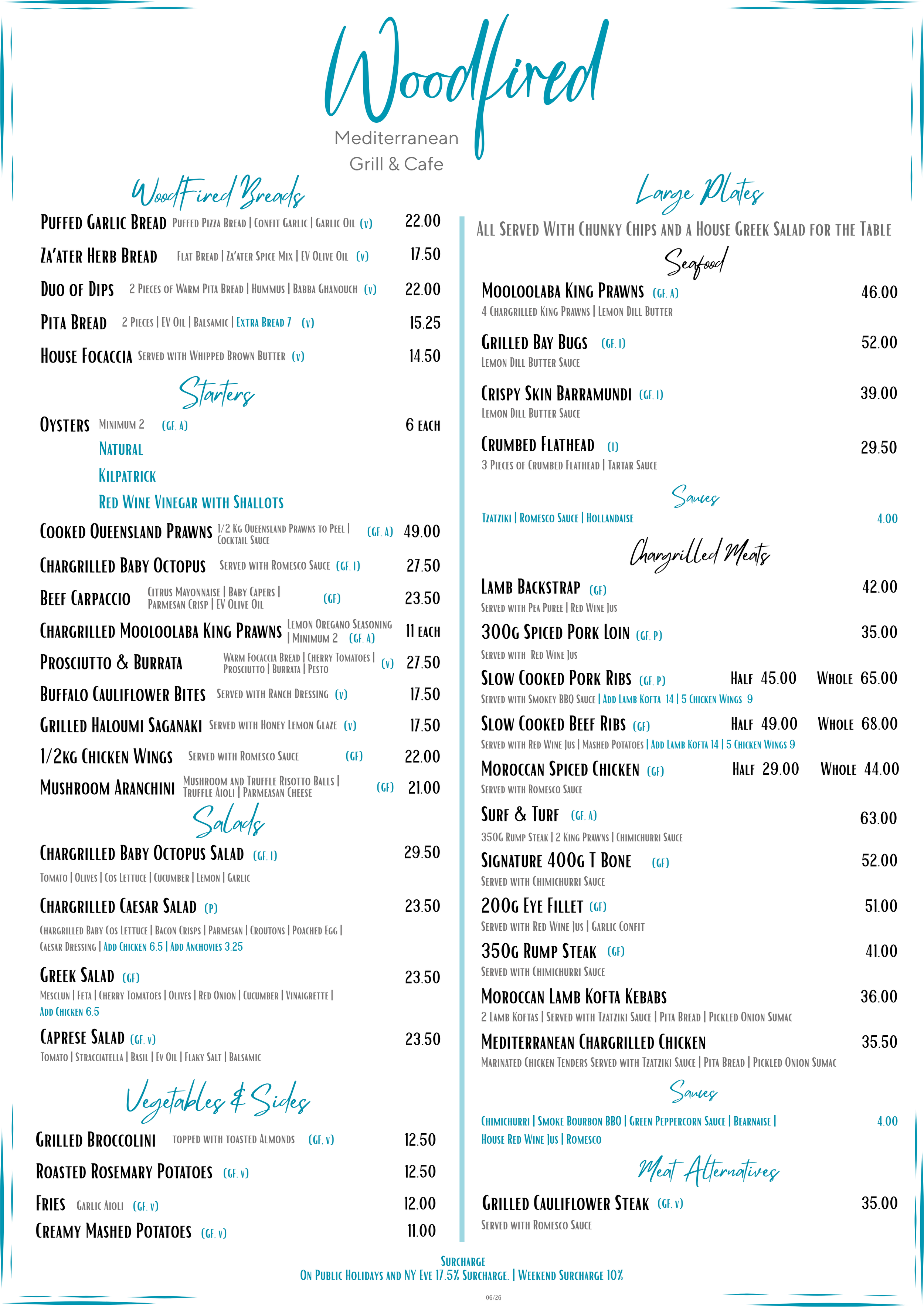 Menu from Woodfired Mediterranean Grill & Cafe featuring sections for Wood Fired Breads, Starters, Salads, Vegetables & Sides, Large Plates, Sauces, Chargrilled Meats, Meat Alternatives, and Sides, with prices and descriptions for each dish.