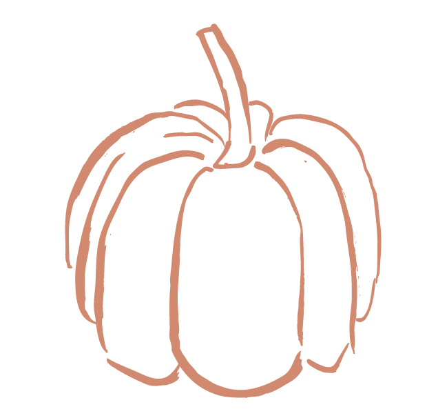 Line drawing of a pumpkin with a stem on top, in a minimalist style.