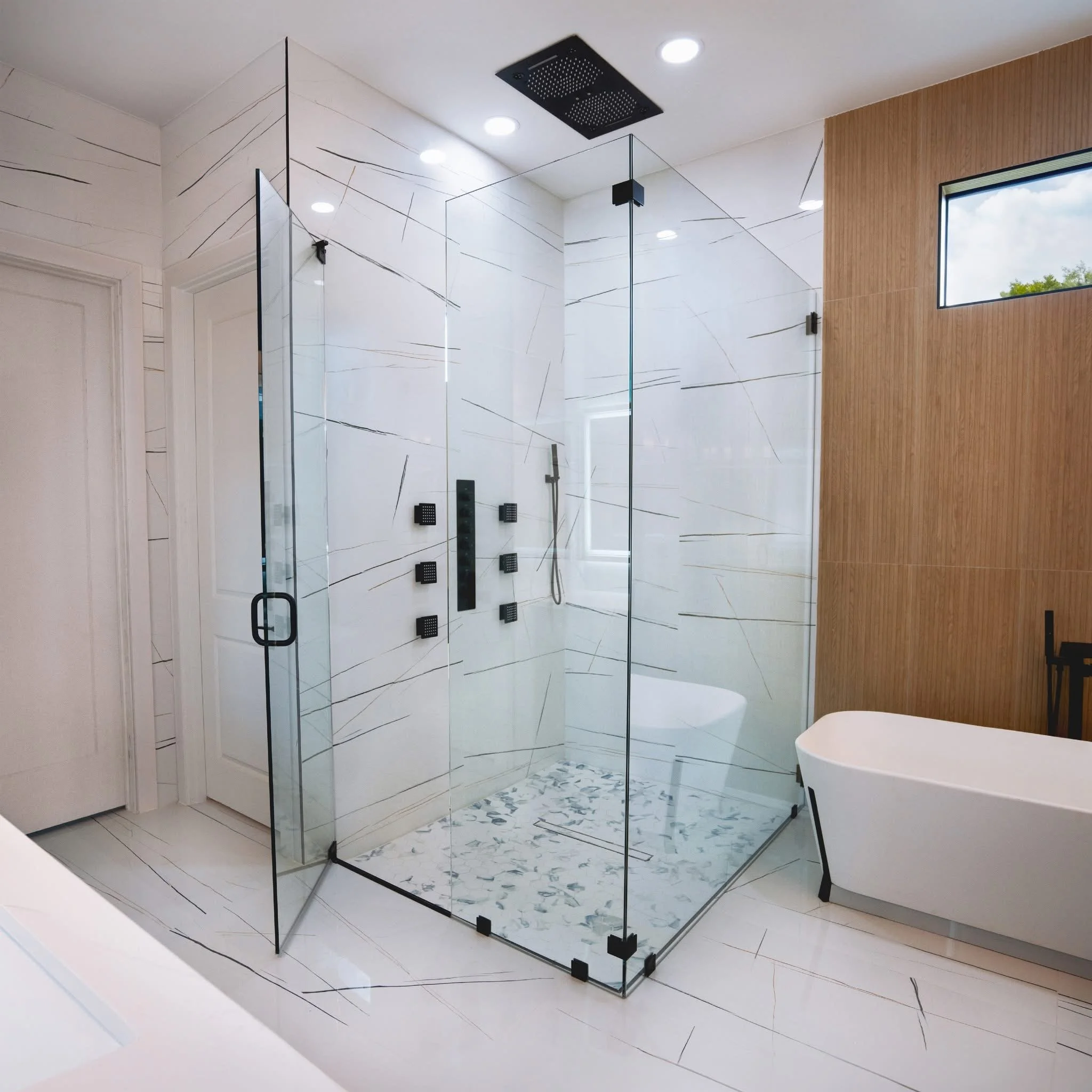 Modern bathroom with a glass shower enclosure, marble flooring, and a freestanding bathtub near a wooden accent wall and a small window.