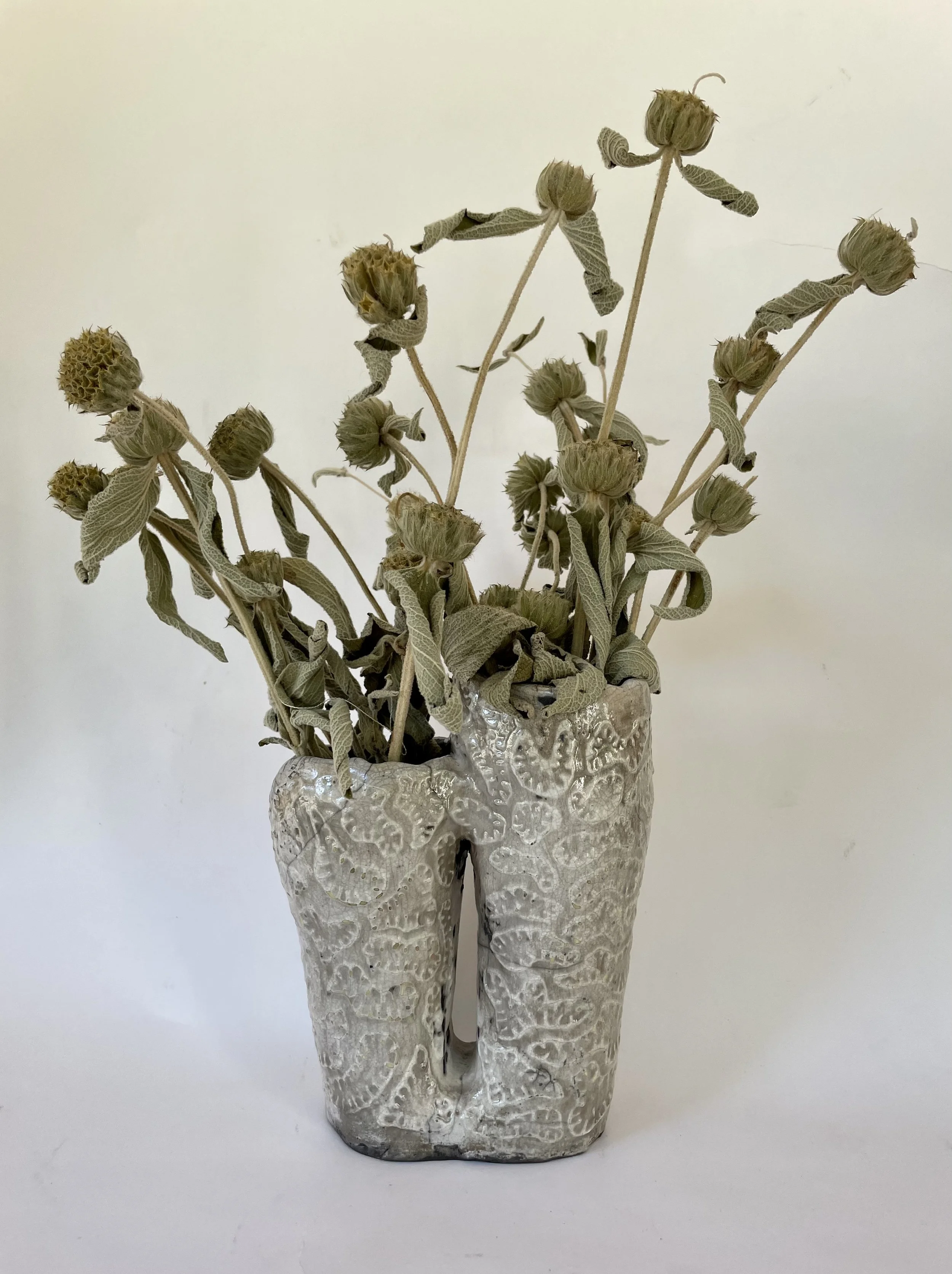 Dried flowers in a textured ceramic vase against a plain background.